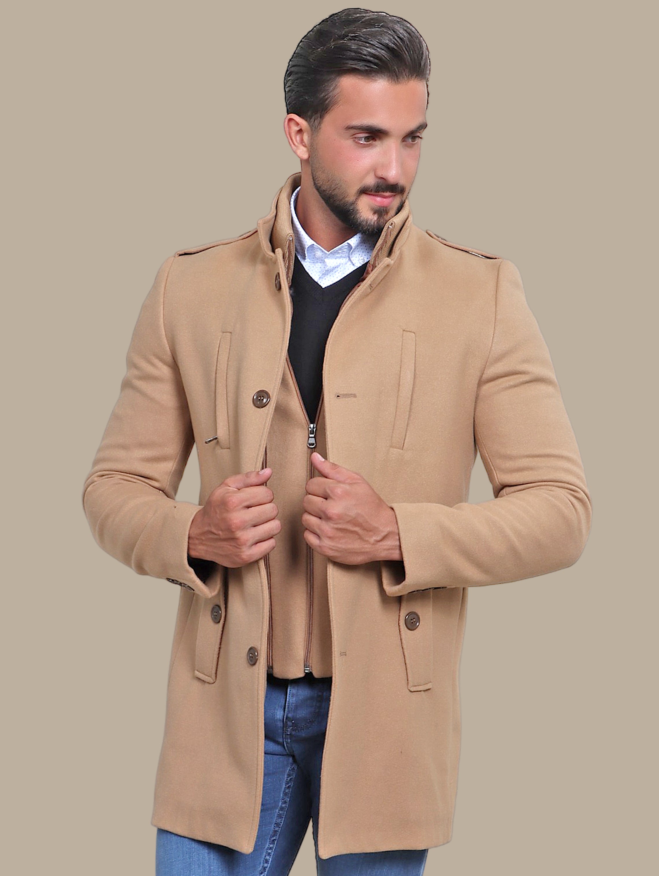Beige Coat with Detachable Mao Collar