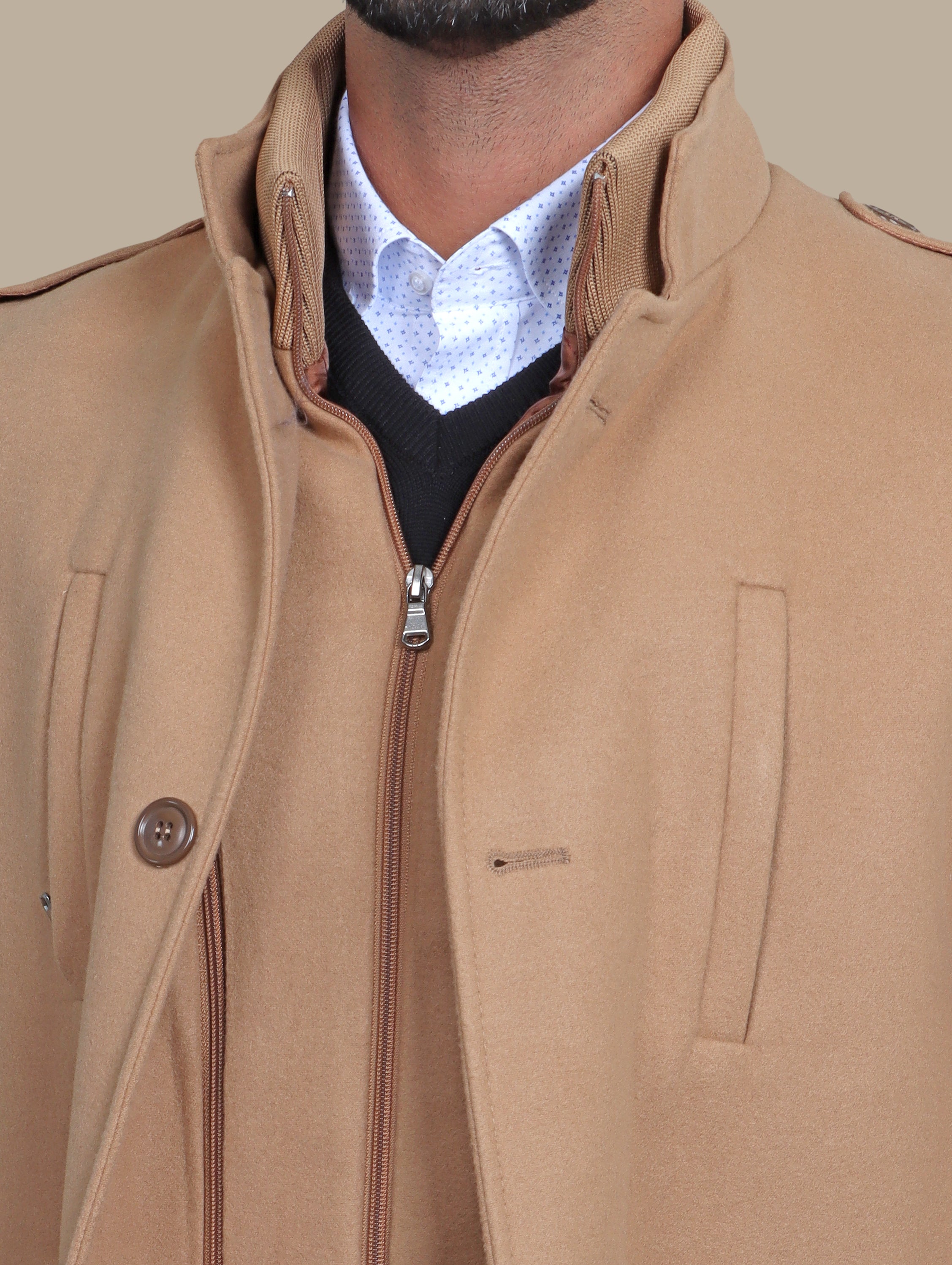 Beige Coat with Detachable Mao Collar