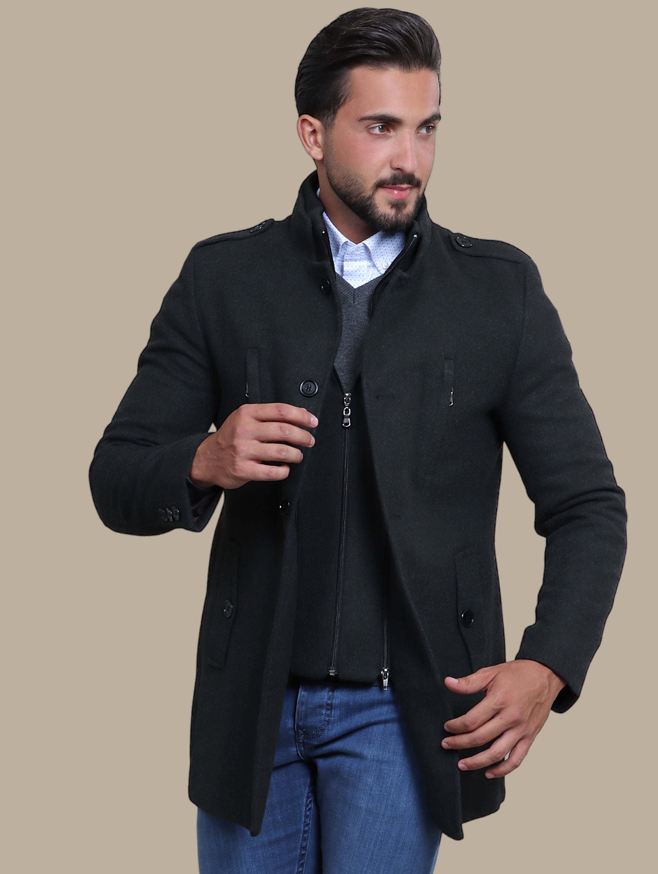 Dark Grey Mao-Collar Coat with Detachable Design