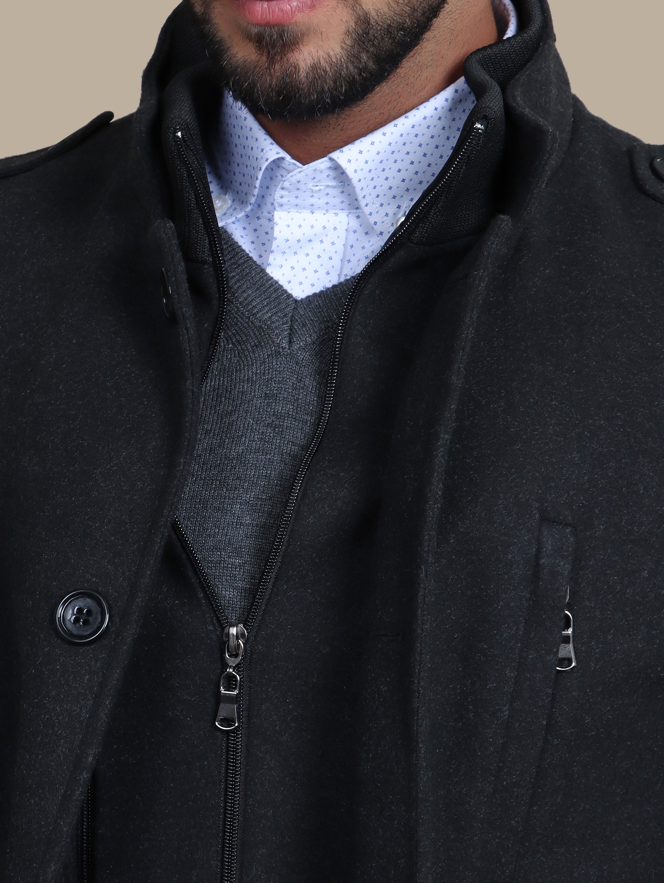 Dark Grey Mao-Collar Coat with Detachable Design