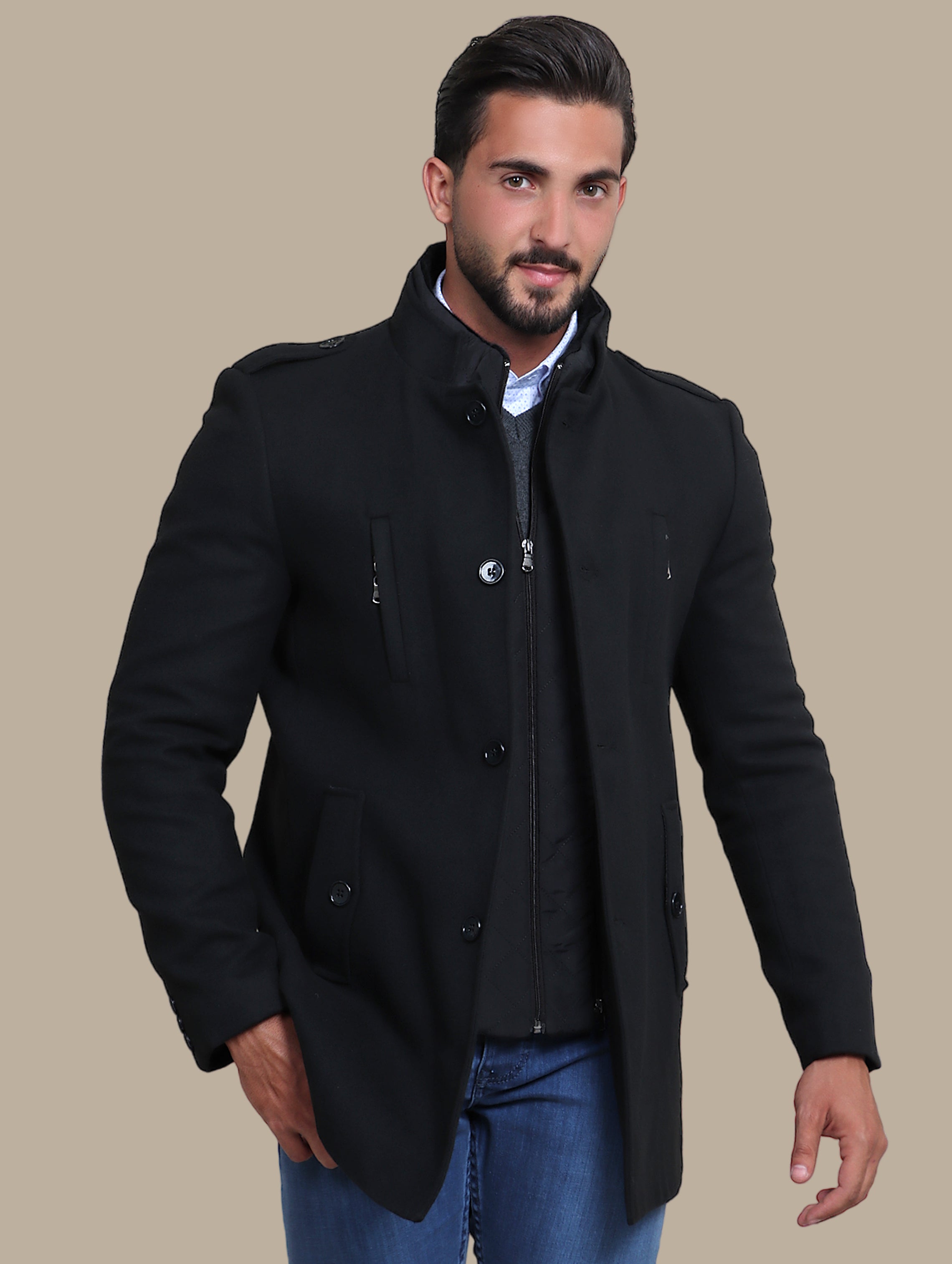 Black Coat with Detachable Mao Collar