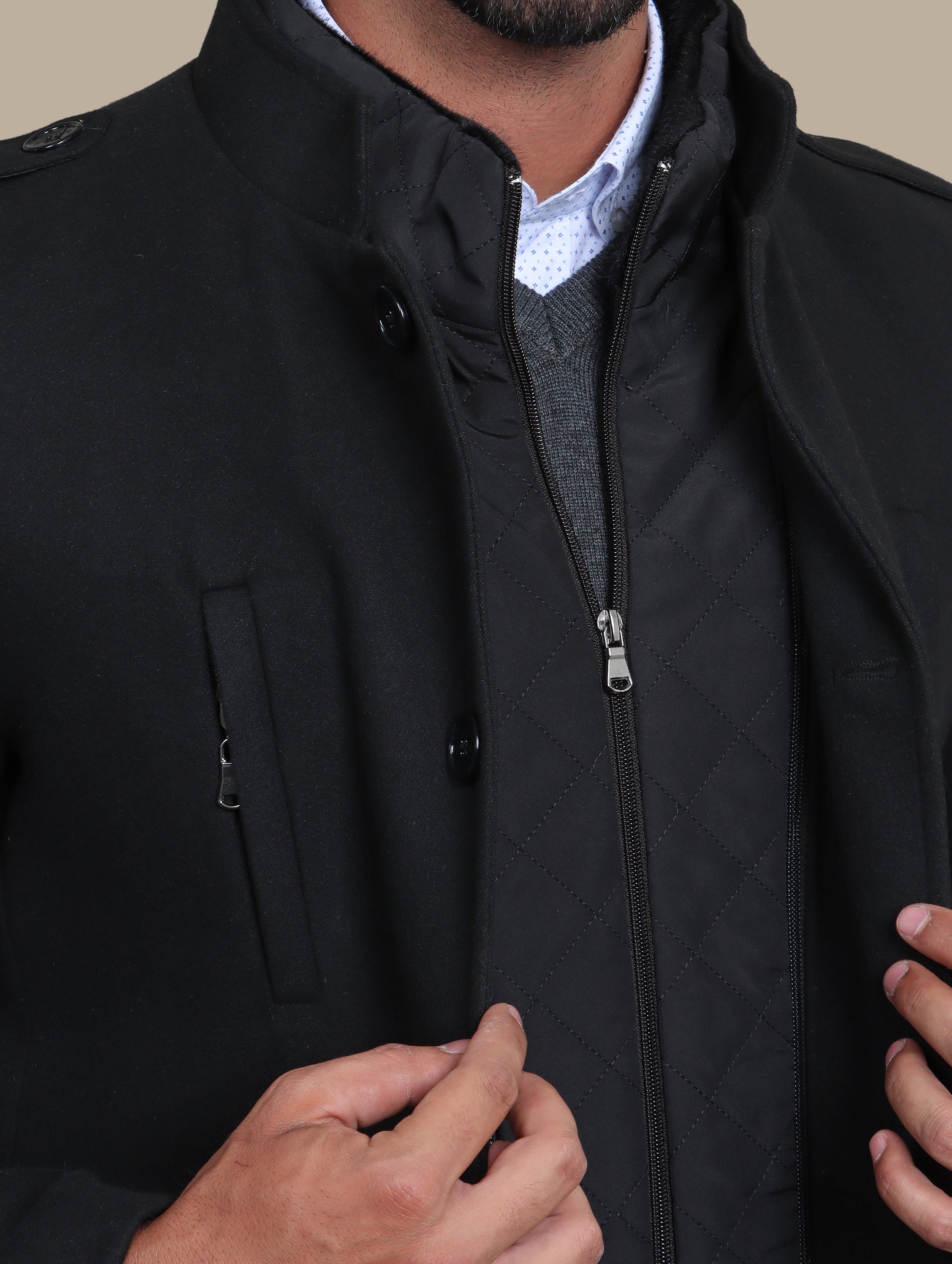 Black Coat with Detachable Mao Collar