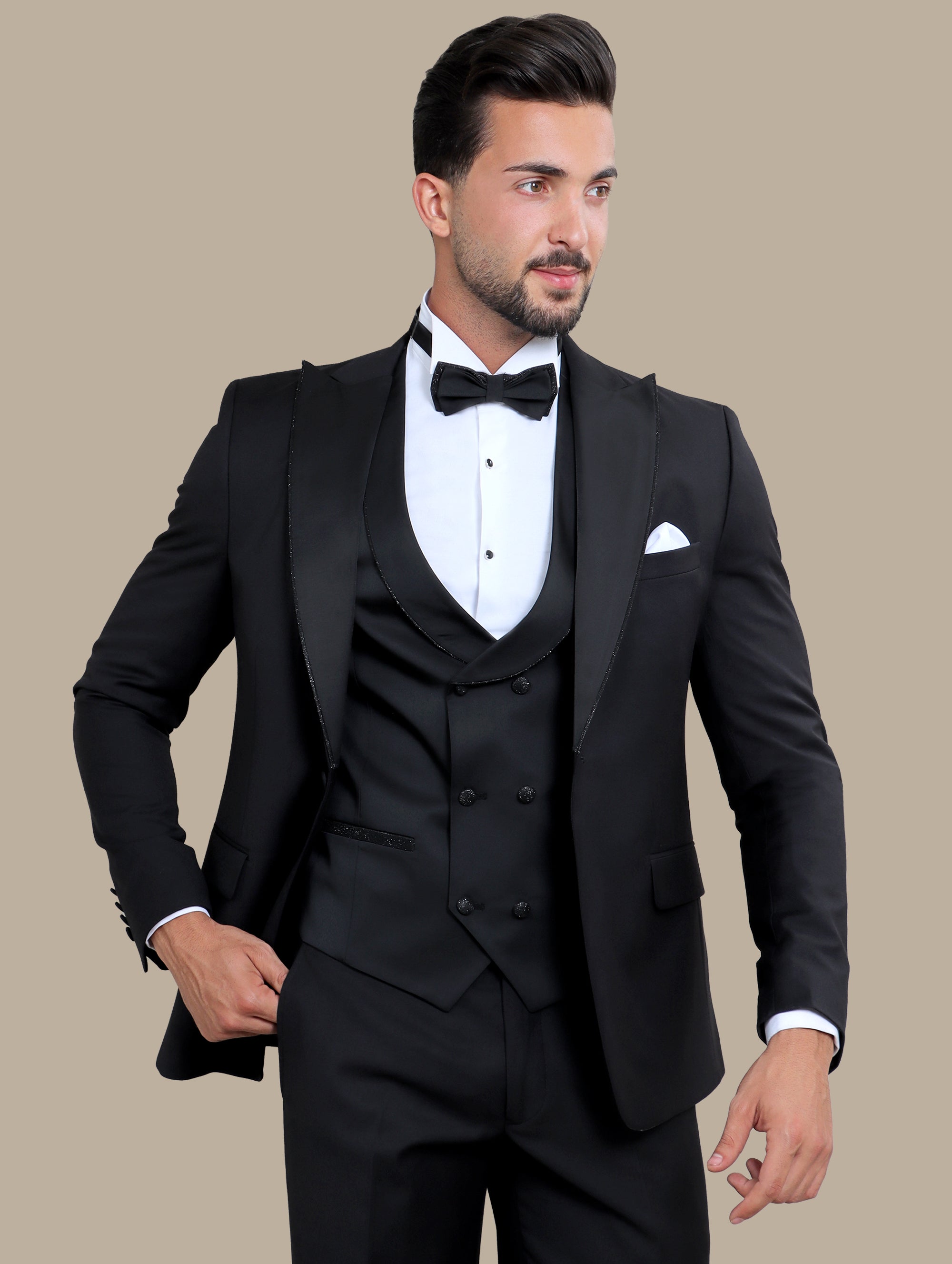 Black Tuxedo with Glitter Piping - 4 Piece Set