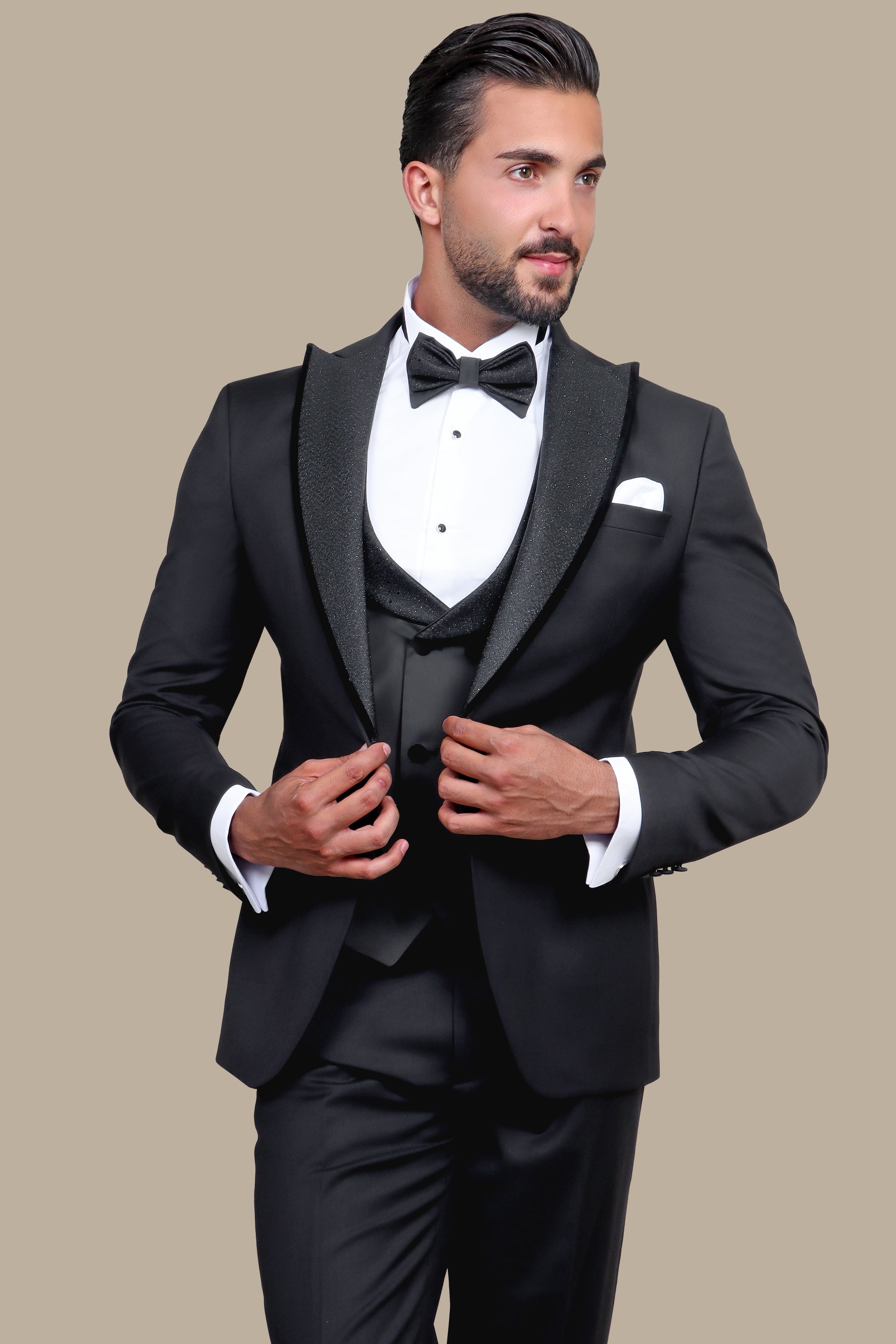 Shine in the Night: Black Tuxedo with Glitter Collar 4-Piece Set