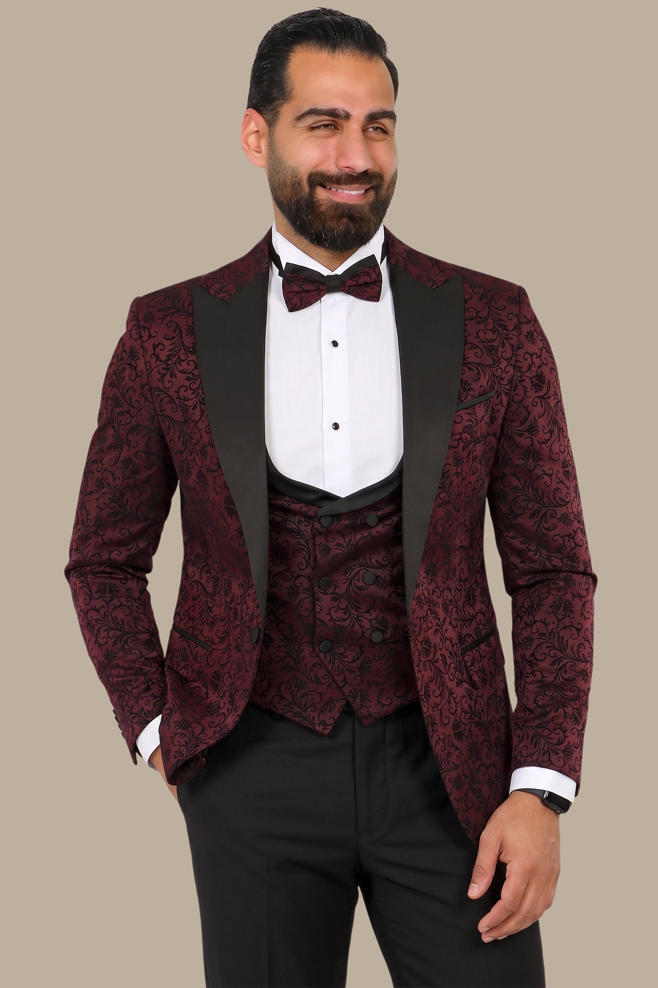 Burgundy Jacquard Leaf Tuxedo – 4 Piece Set