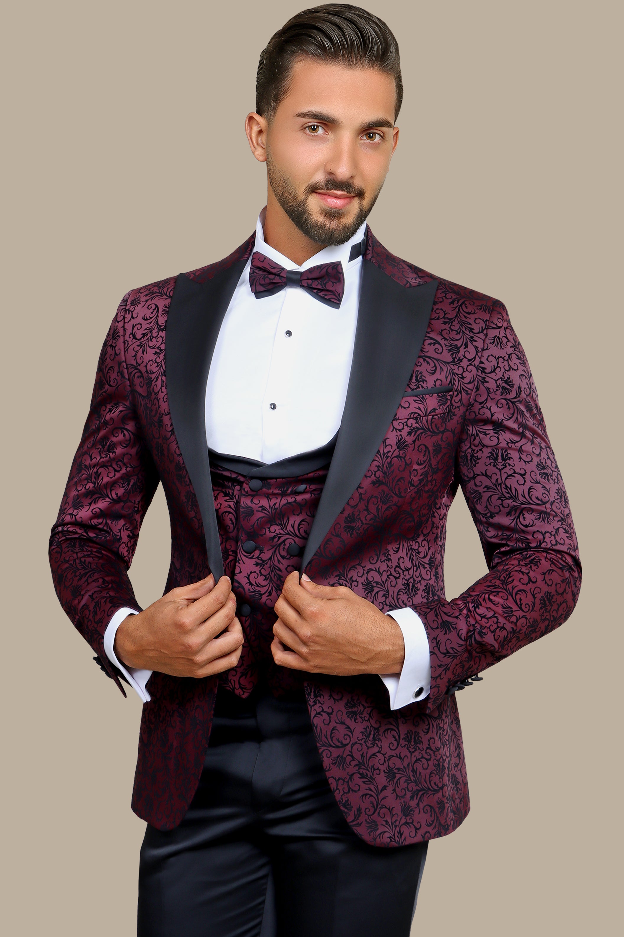 Burgundy Jacquard Leaf Tuxedo – 4 Piece Set