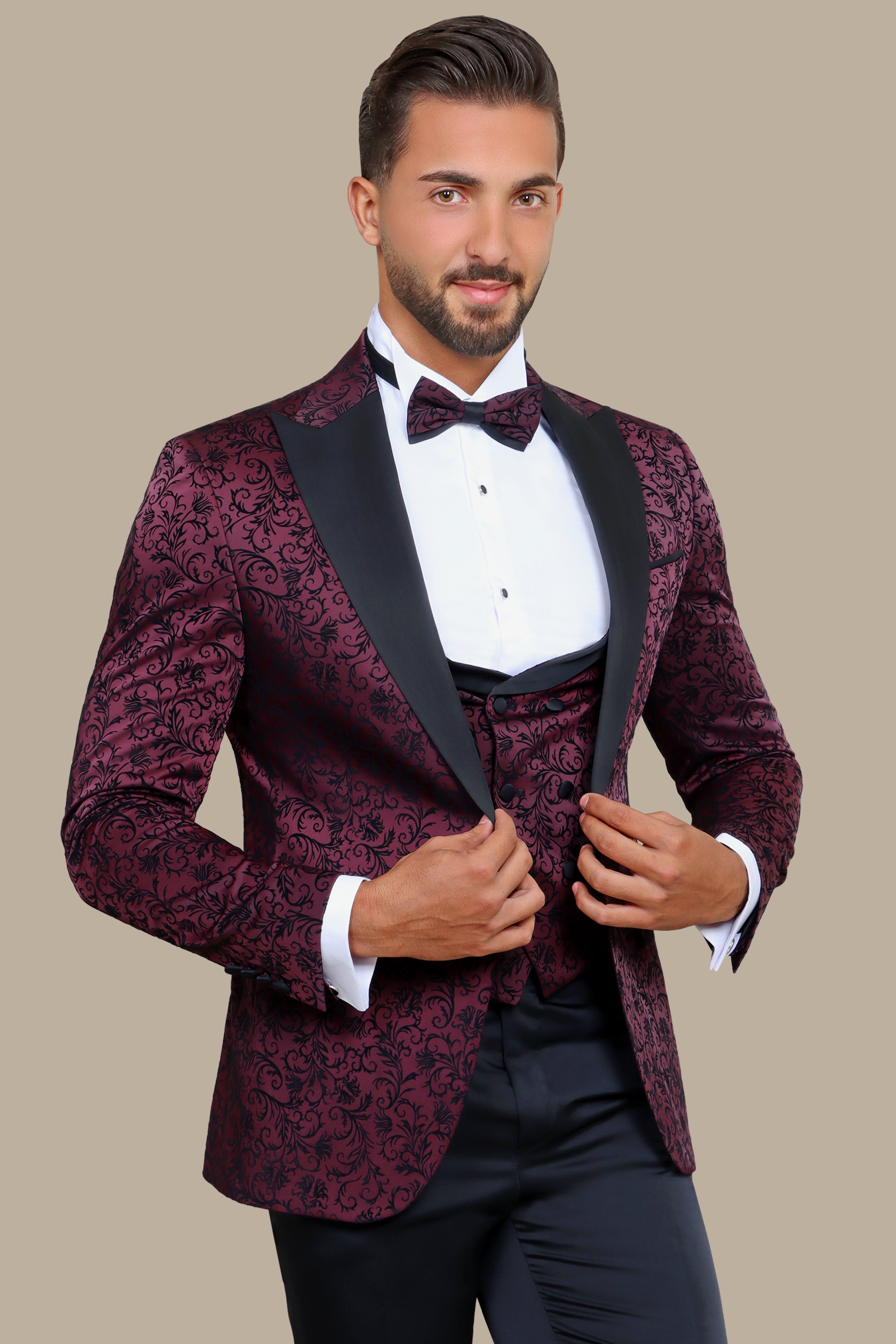 Burgundy Jacquard Leaf Tuxedo – 4 Piece Set