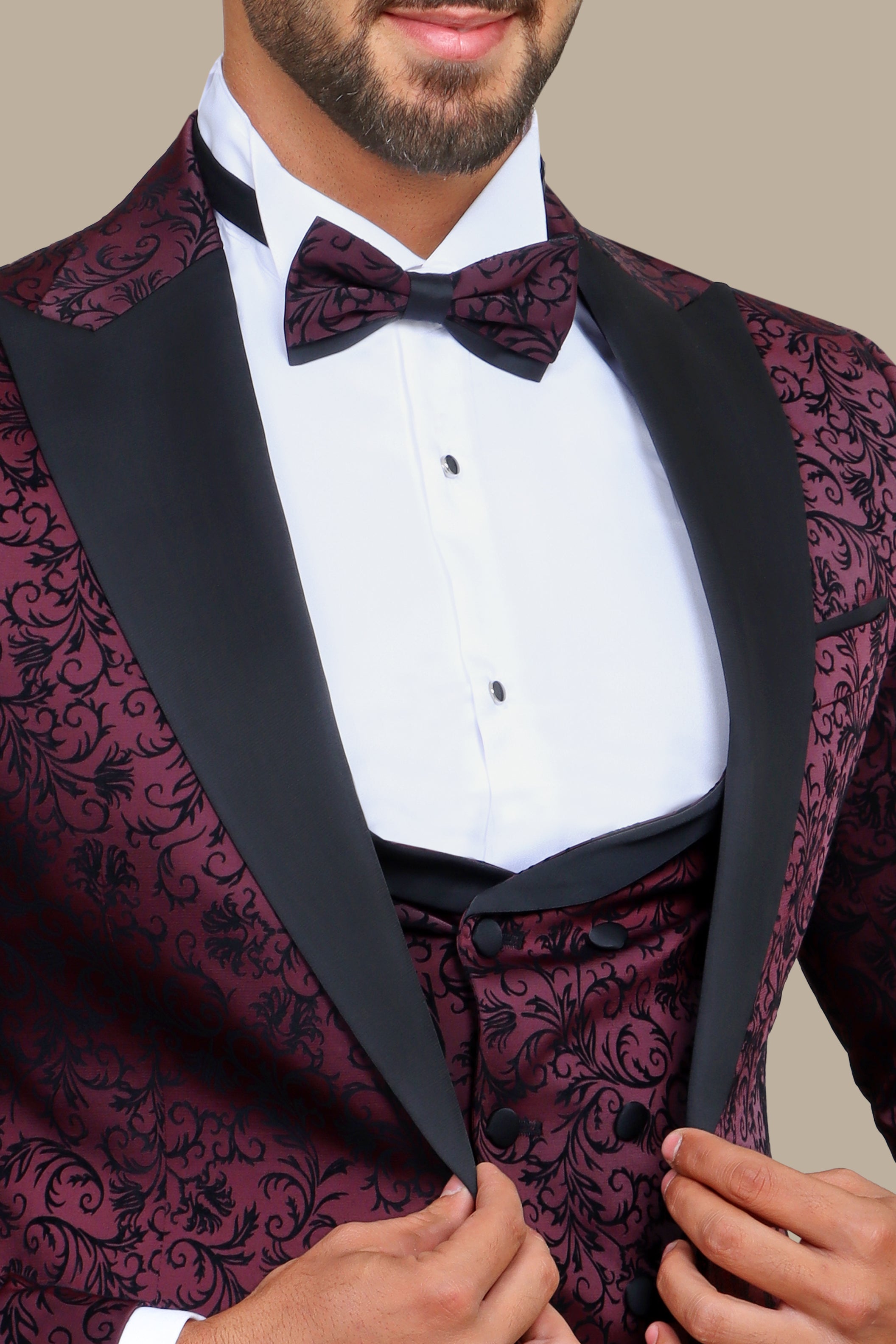 Burgundy Jacquard Leaf Tuxedo – 4 Piece Set