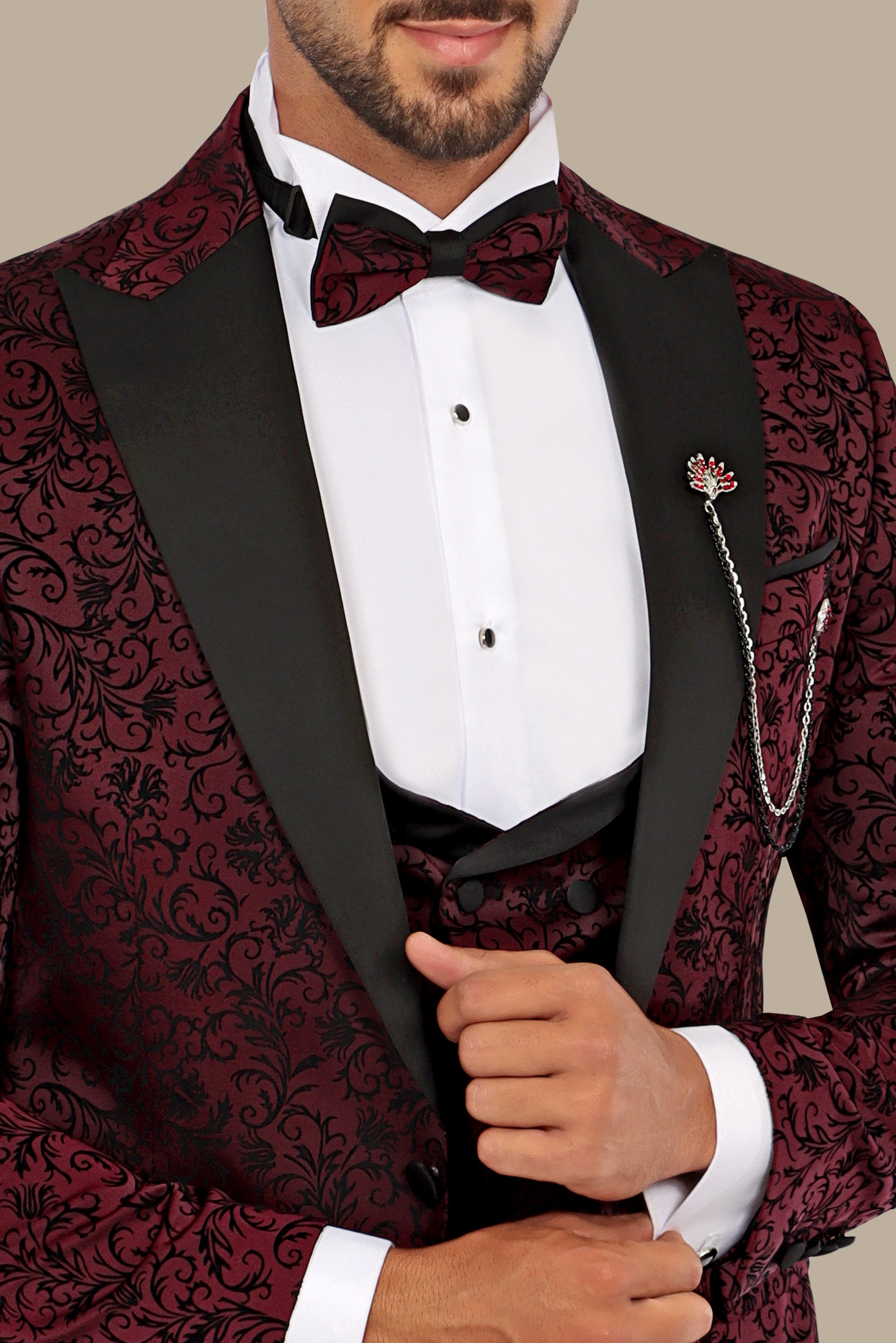 Burgundy Jacquard Leaf Tuxedo – 4 Piece Set