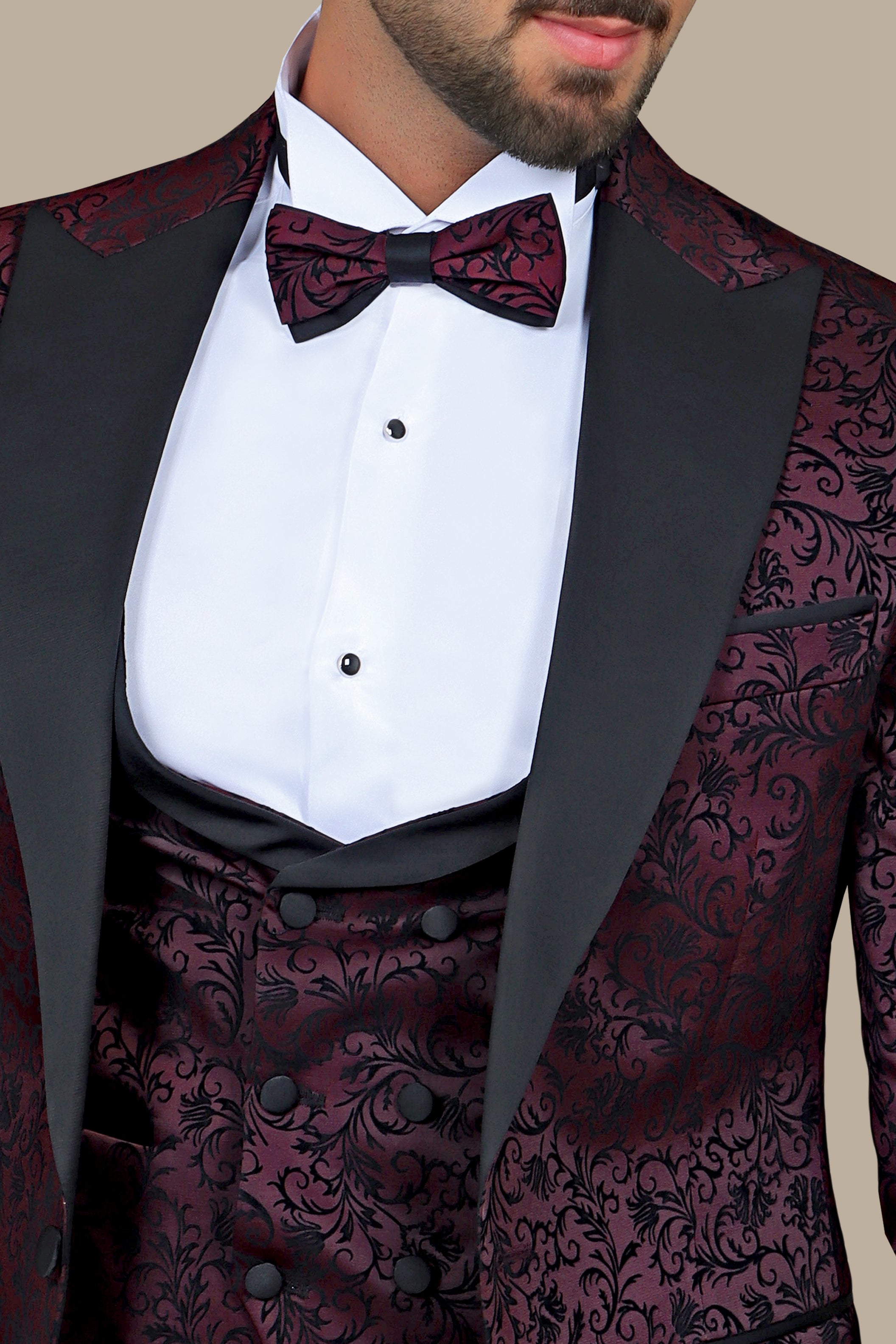 Burgundy Jacquard Leaf Tuxedo – 4 Piece Set