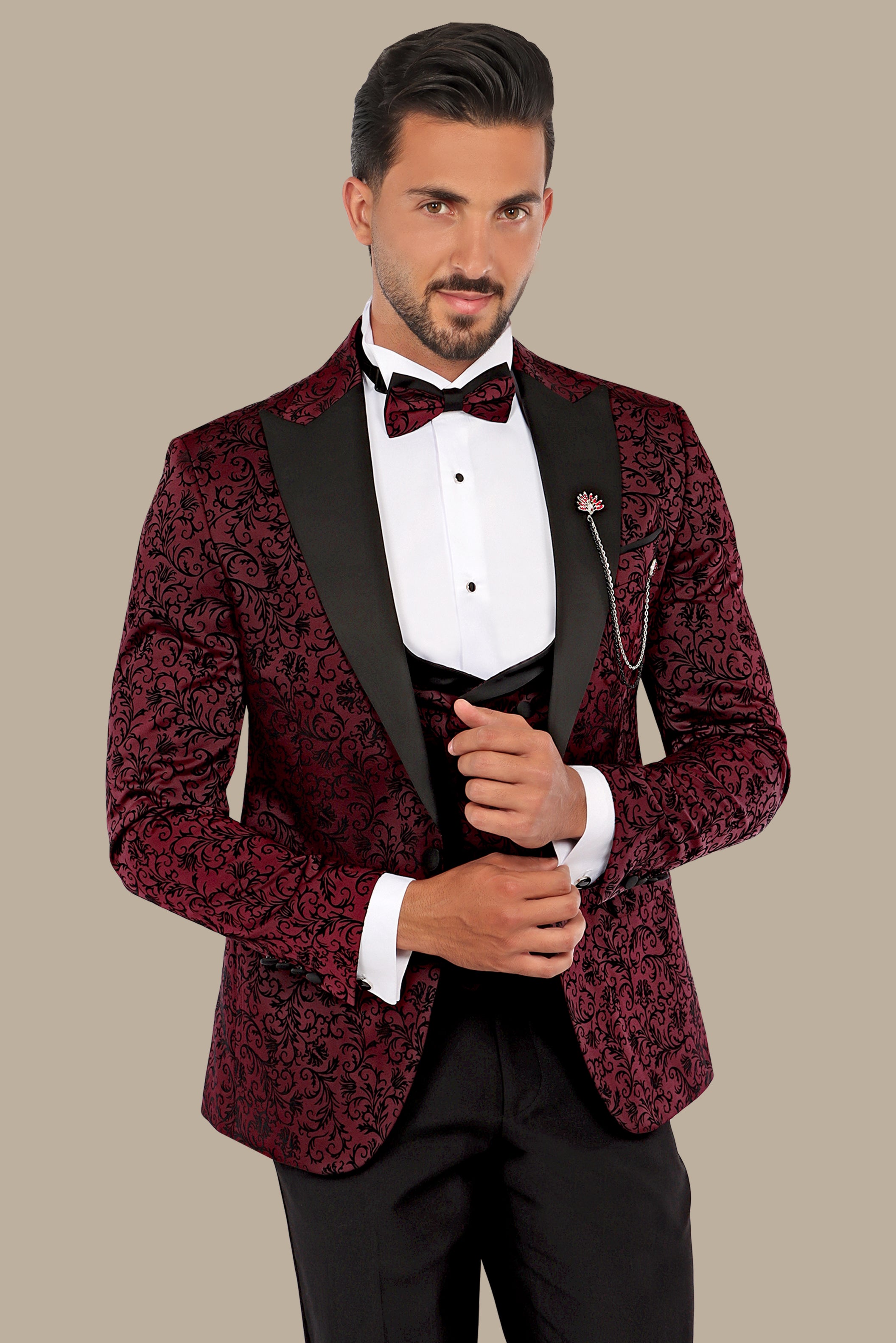 Burgundy Jacquard Leaf Tuxedo – 4 Piece Set