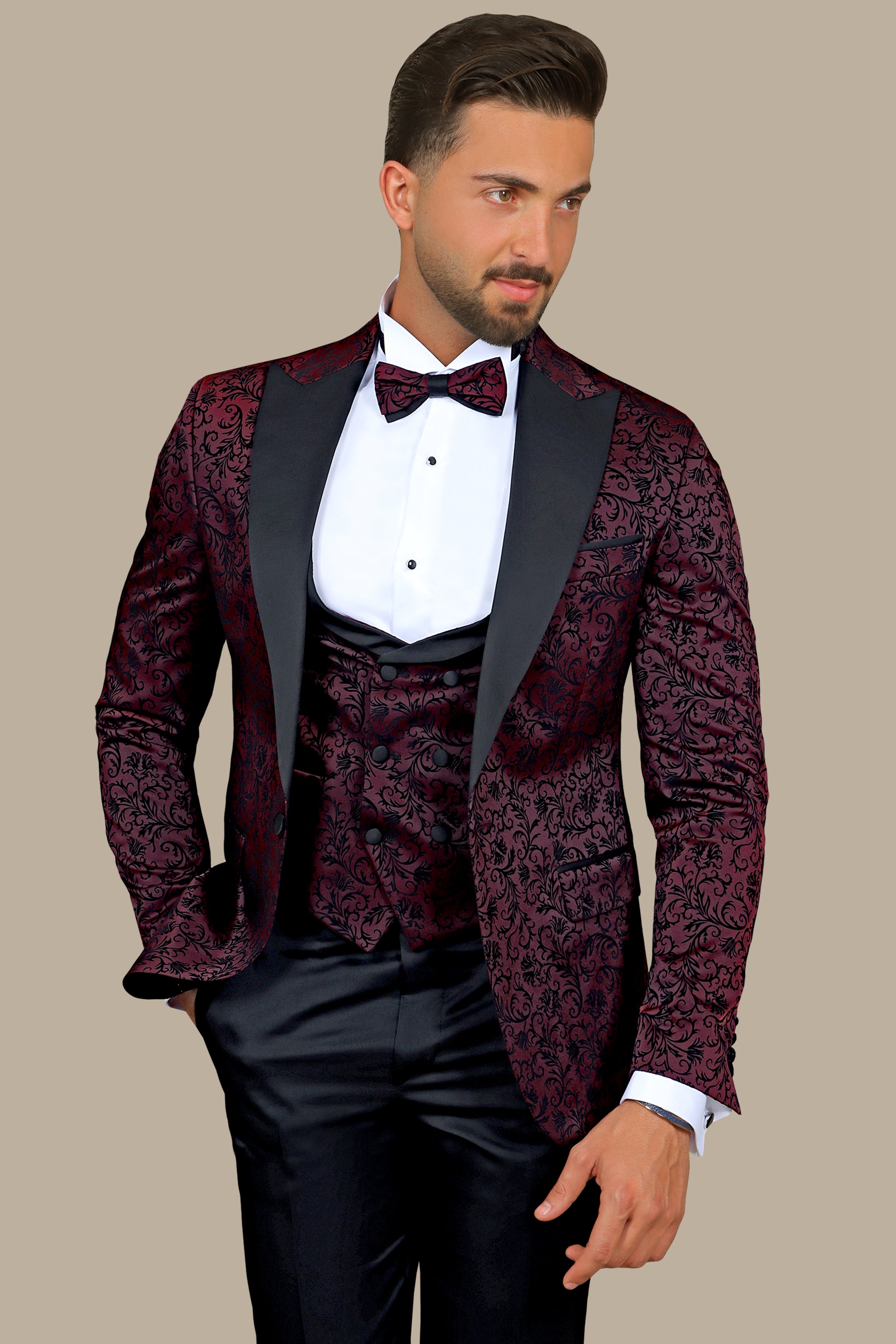 Burgundy Jacquard Leaf Tuxedo – 4 Piece Set