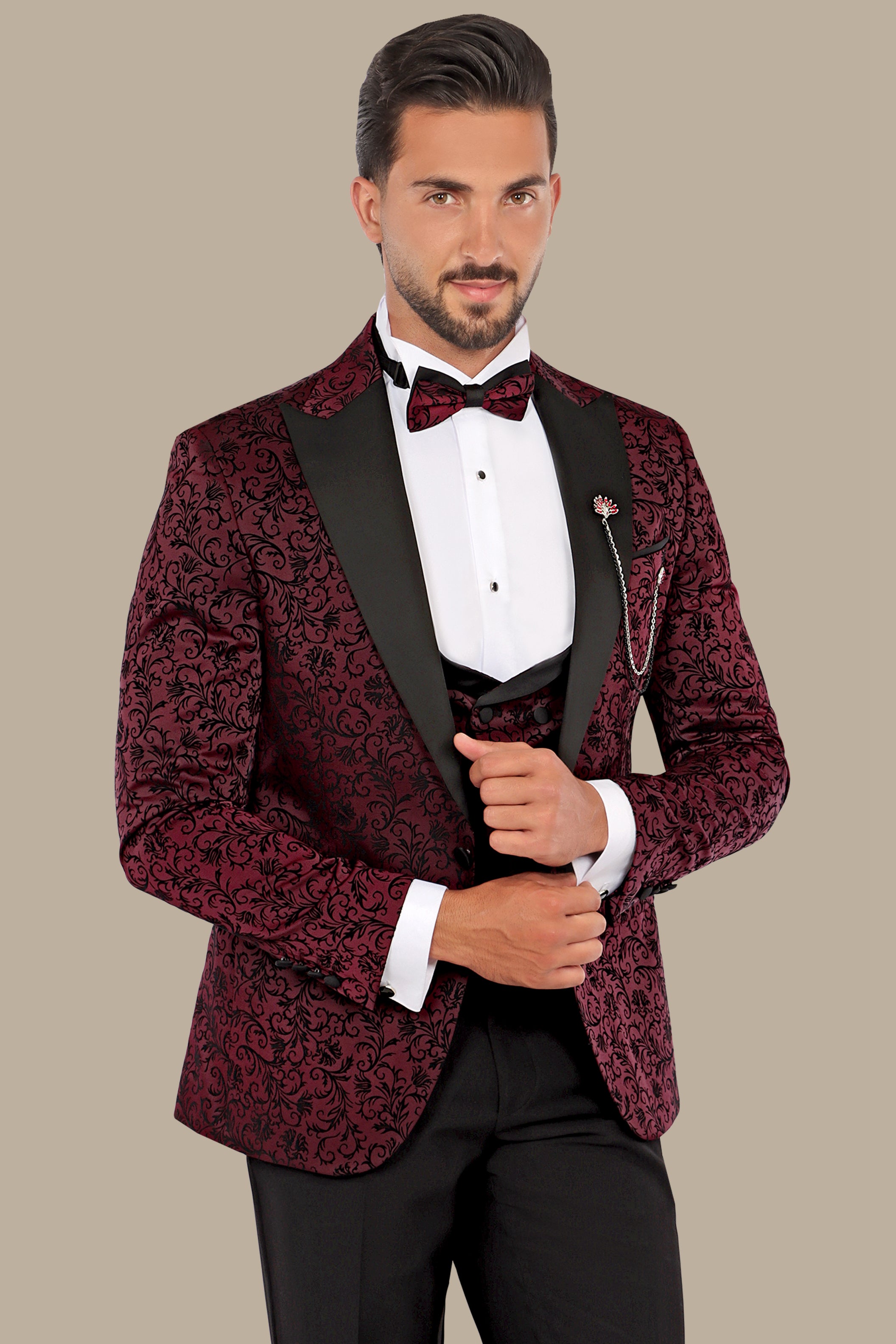 Burgundy Jacquard Leaf Tuxedo – 4 Piece Set