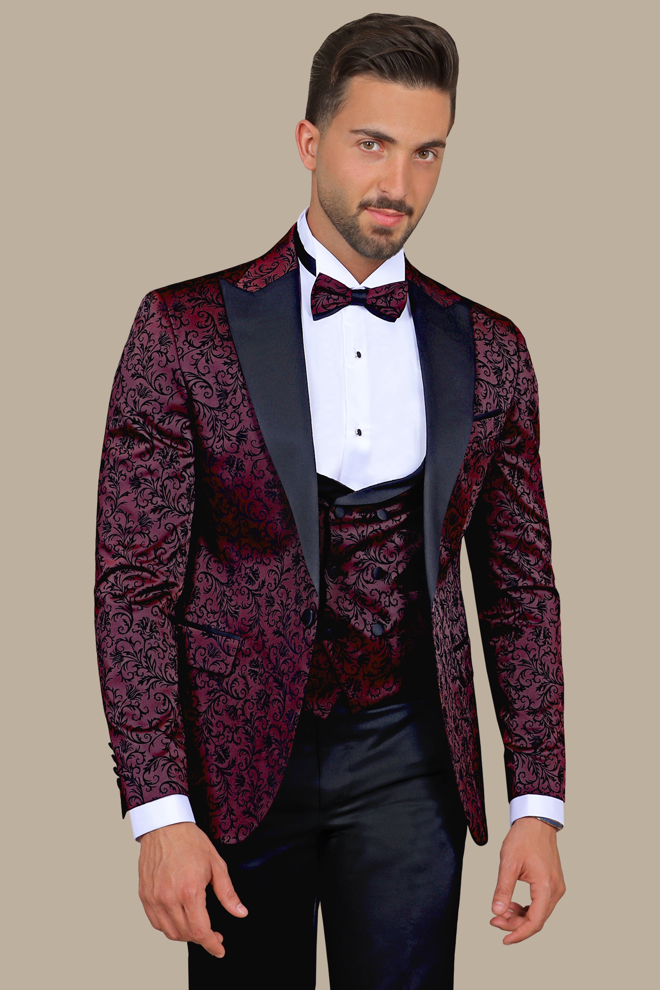 Burgundy Jacquard Leaf Tuxedo – 4 Piece Set