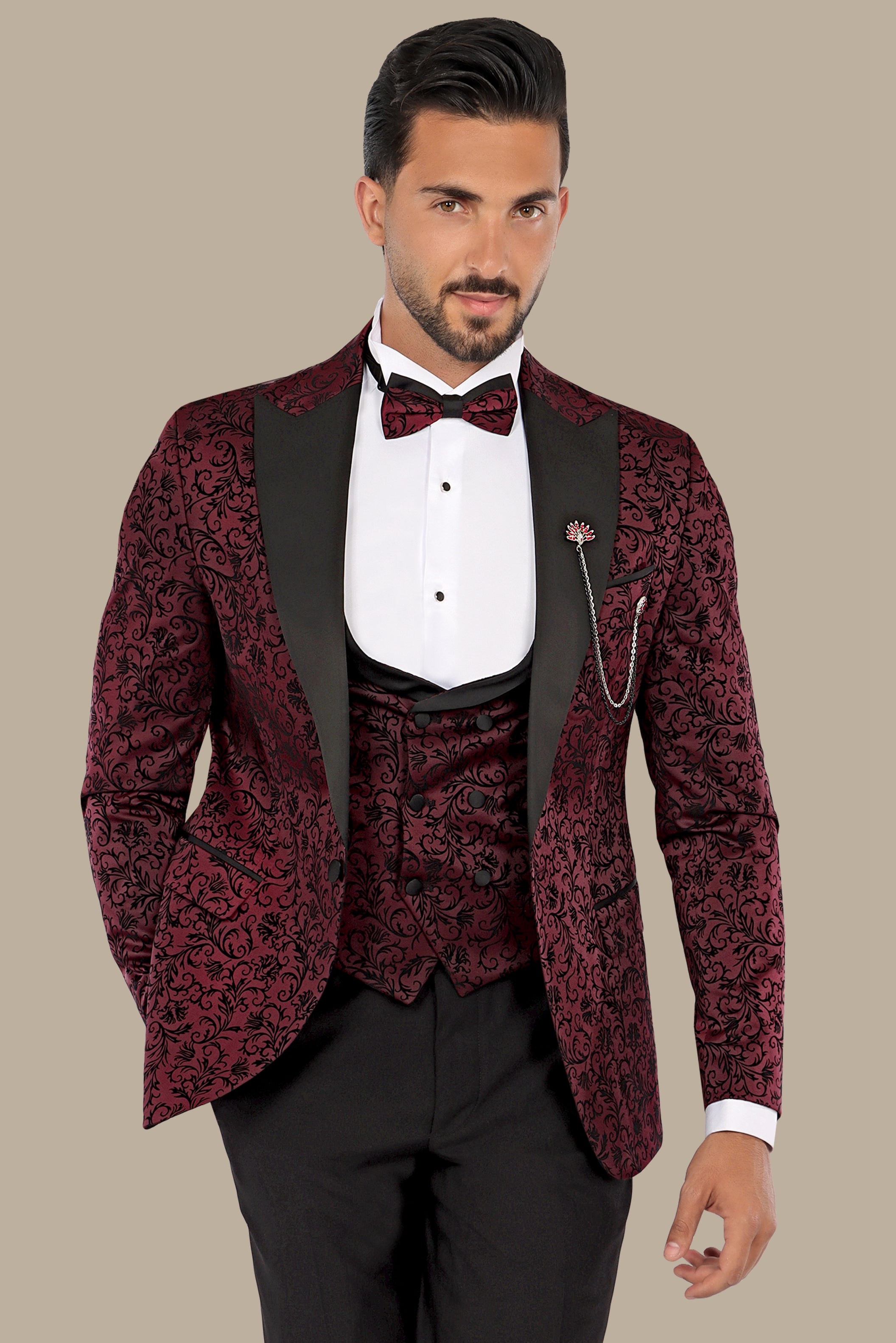 Burgundy Jacquard Leaf Tuxedo – 4 Piece Set