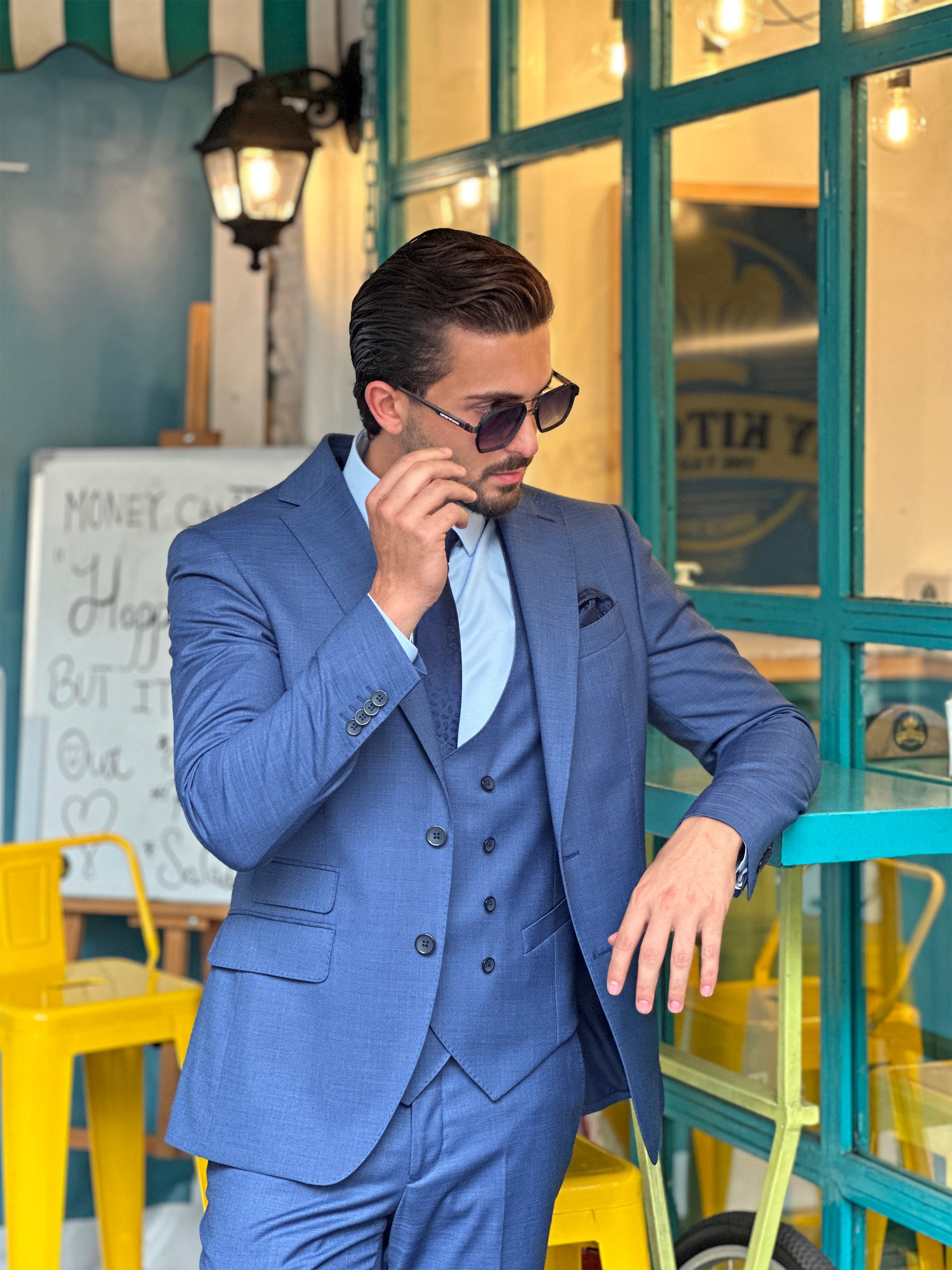 Elegant Blue Lycra Suit Set with Notch Details - 3-Piece Collection