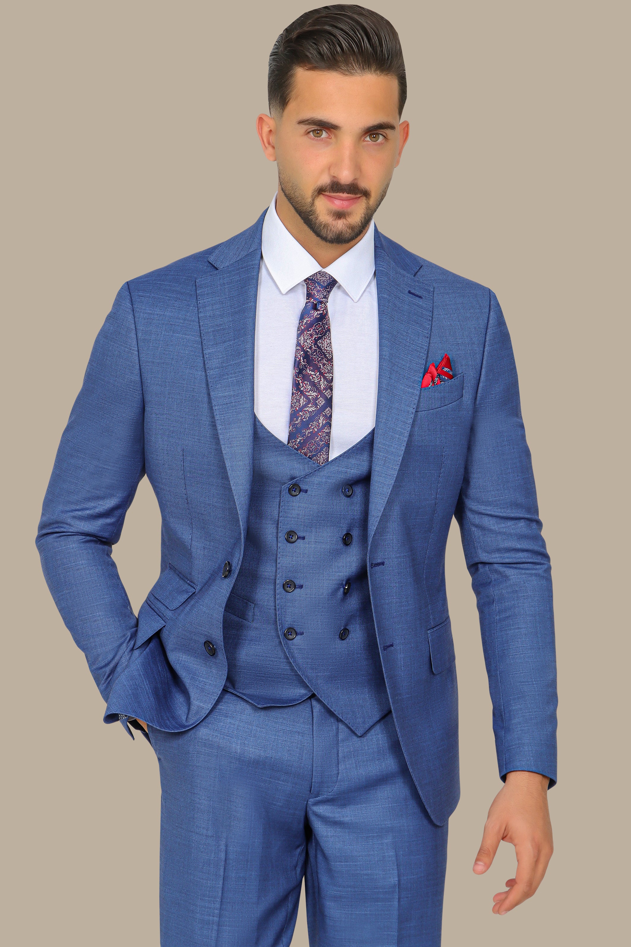 Elegant Blue Lycra Suit Set with Notch Details - 3-Piece Collection