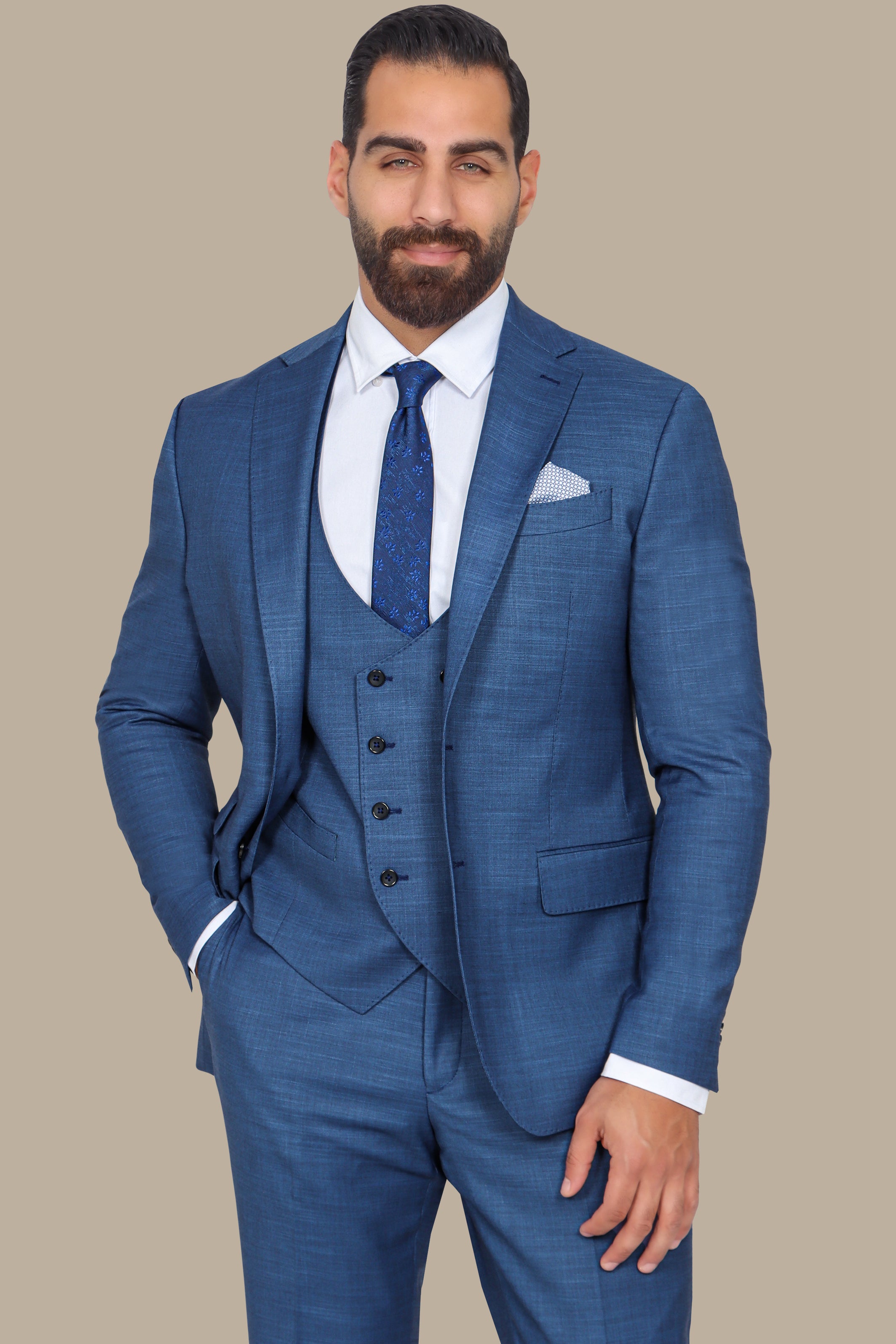 Elegant Blue Lycra Suit Set with Notch Details - 3-Piece Collection