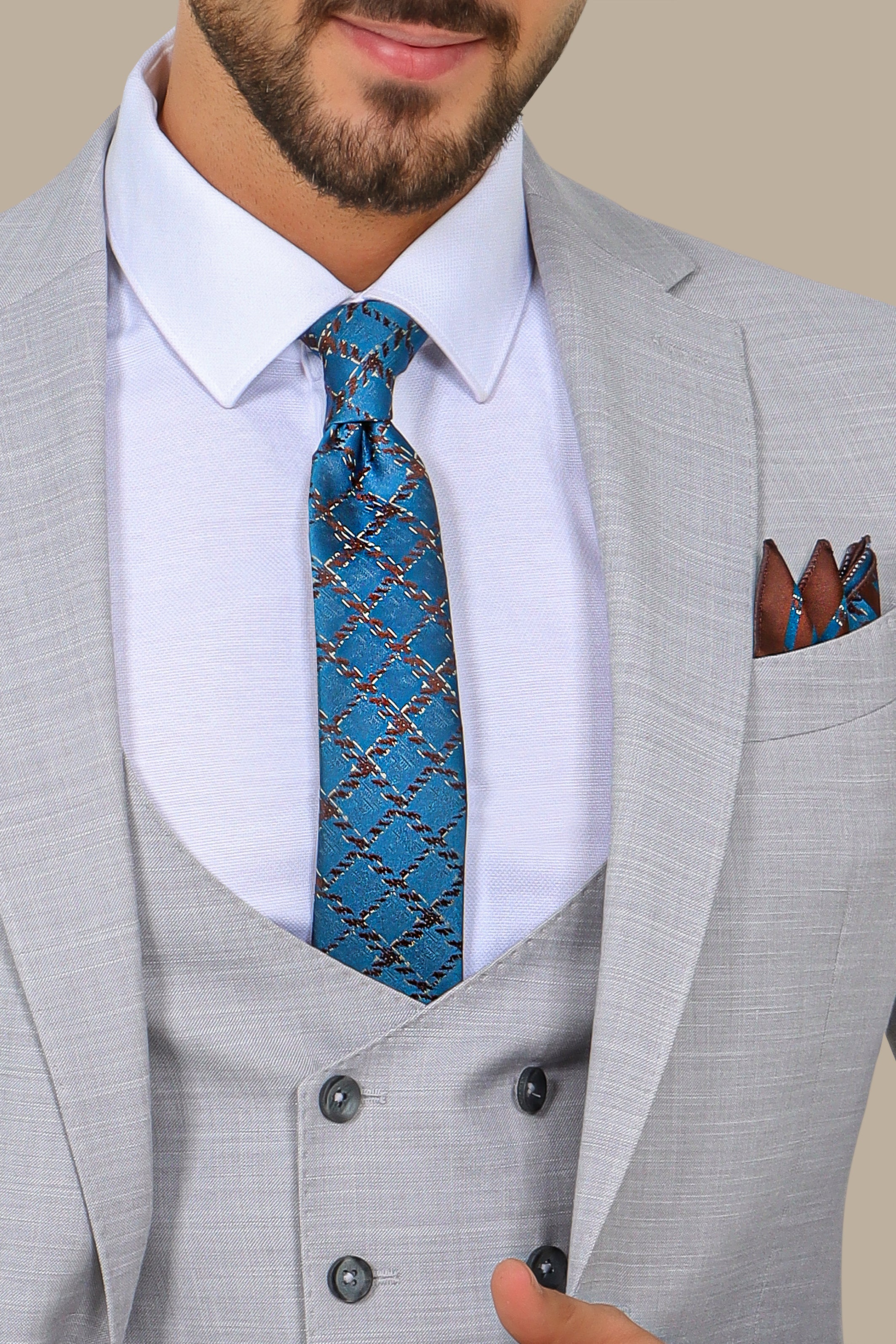 Light Grey Suit Fil a Fil Lycra Notch 3-Piece