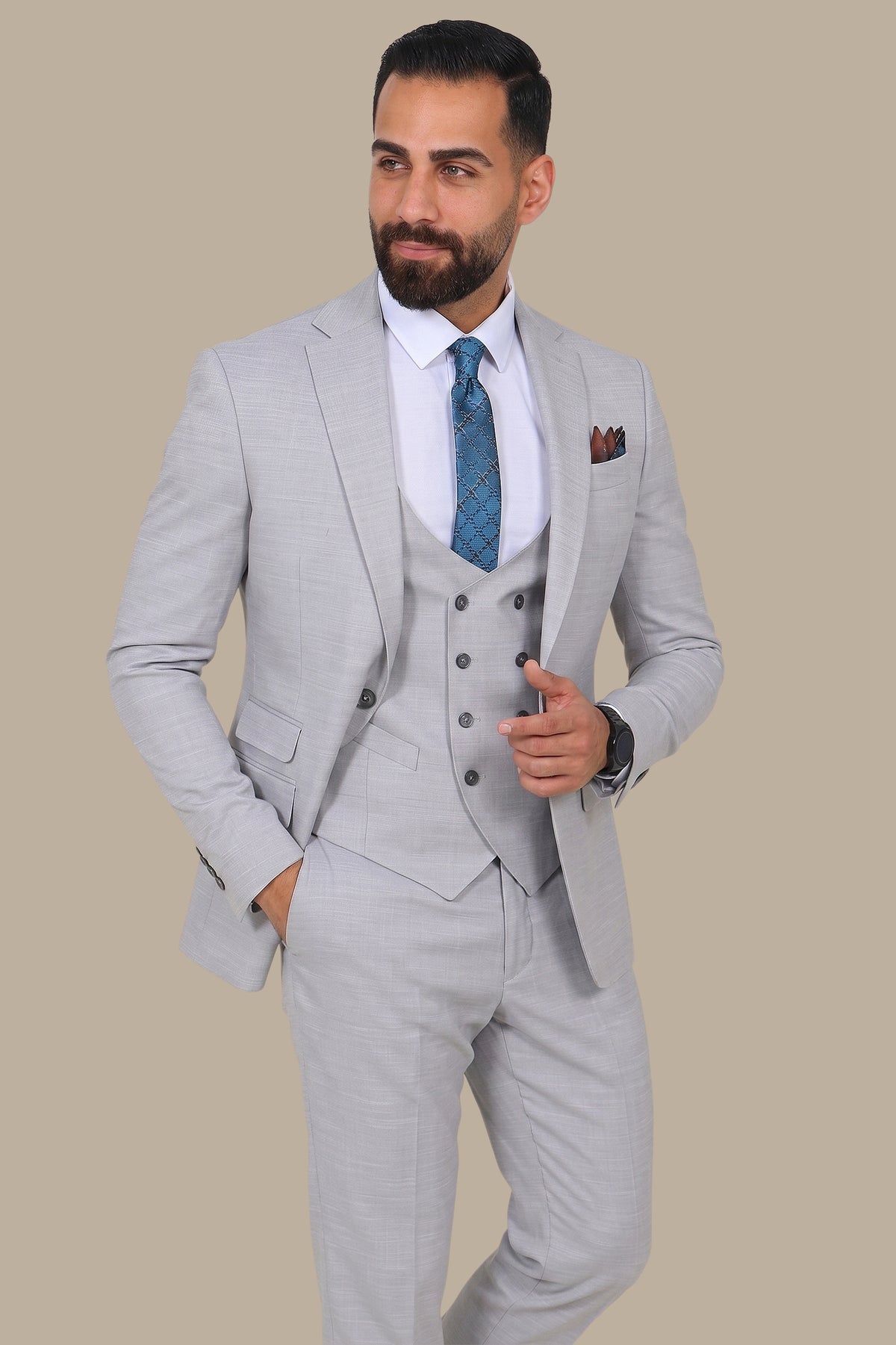 Light Grey Suit Fil a Fil Lycra Notch 3-Piece