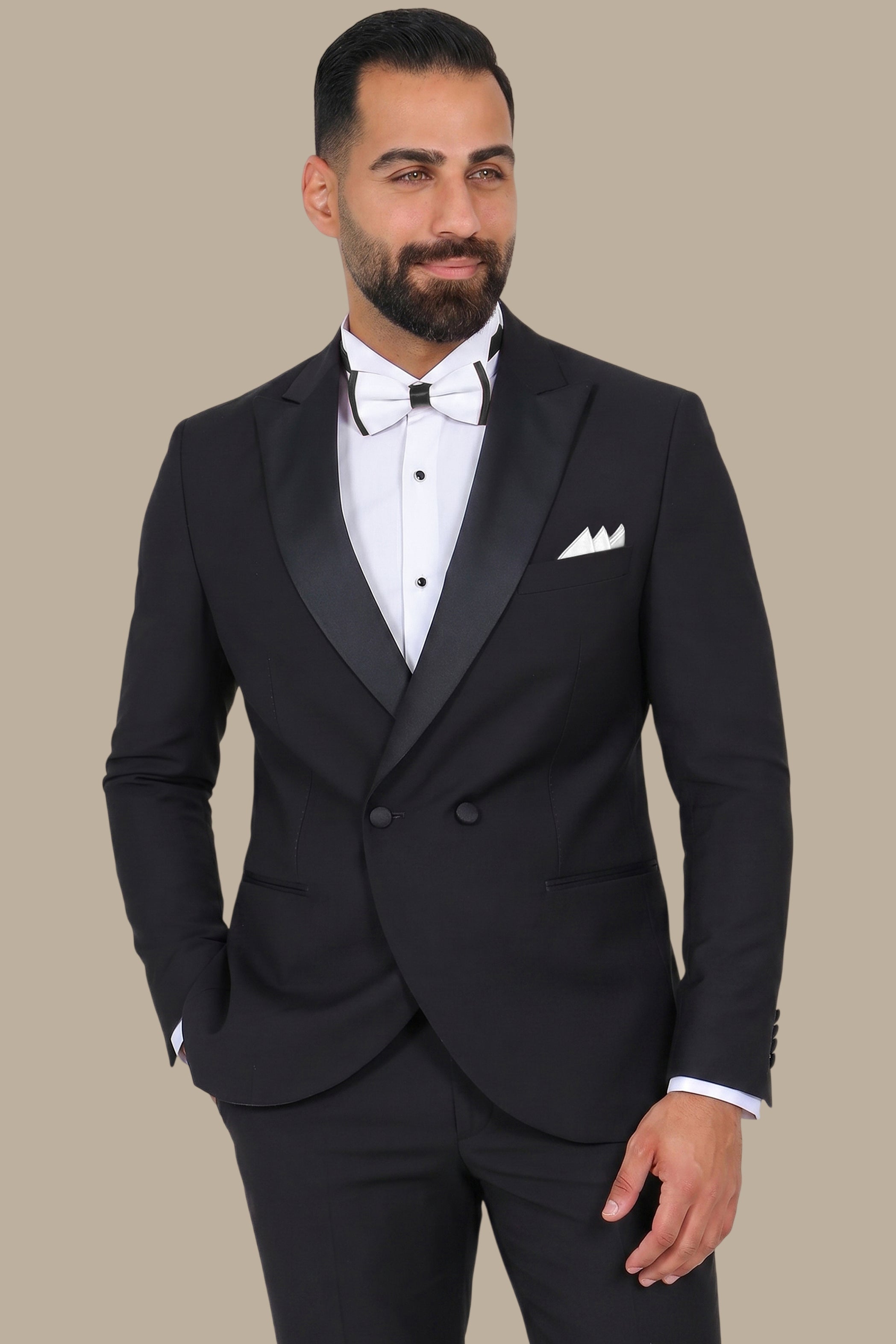 Black Double-Breasted Tuxedo with Peak Lapel - Two Button Classic
