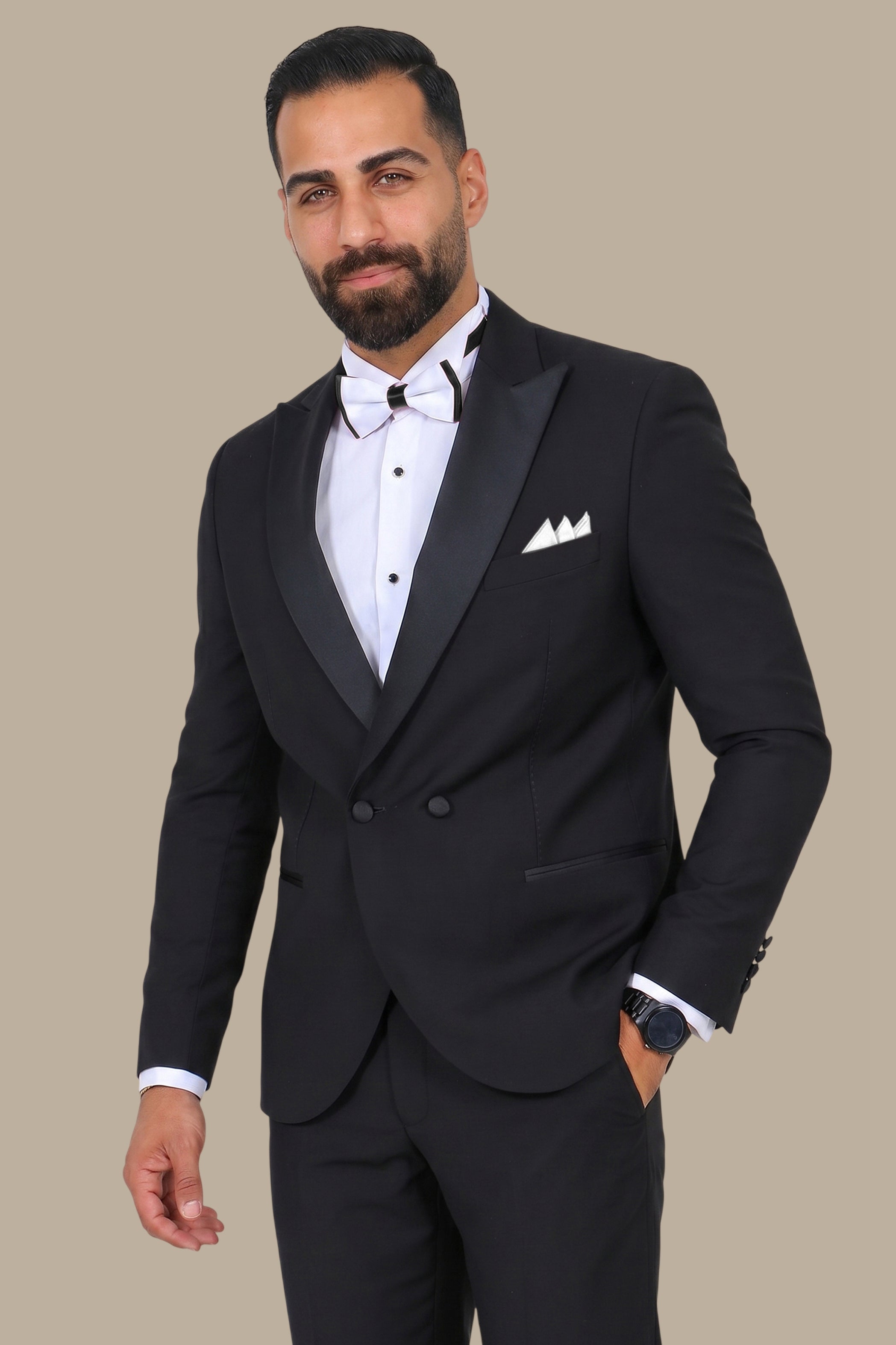 Black Double-Breasted Tuxedo with Peak Lapel - Two Button Classic