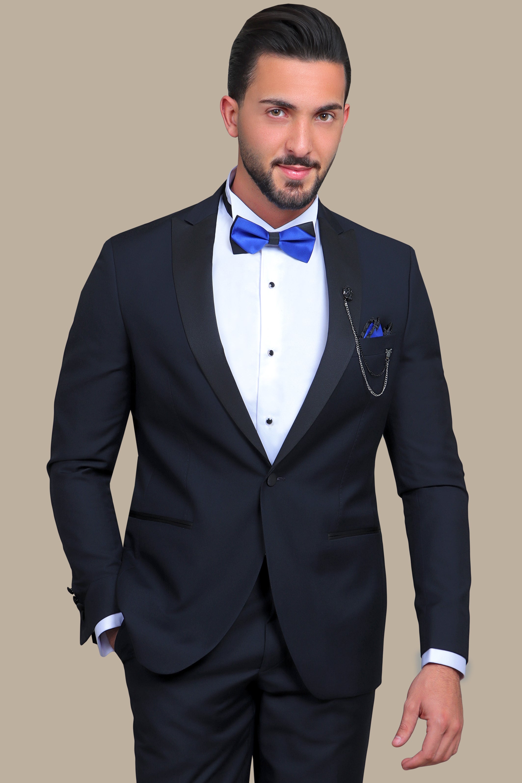 Navy Elegance: Peak Lapel Tuxedo in Black Satin for a Distinguished Look