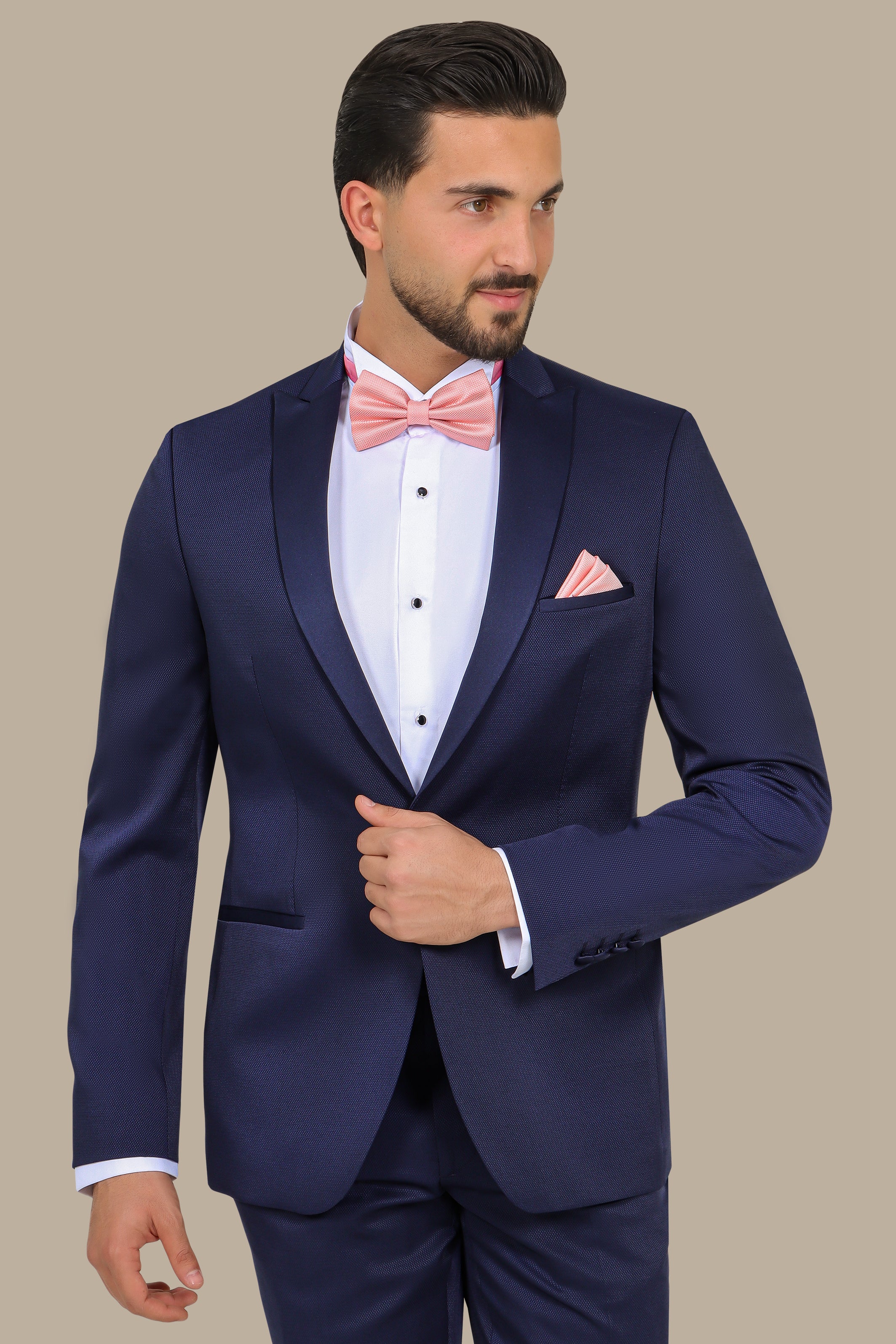 Midnight Elegance: Navy Tuxedo with Peak Lapel