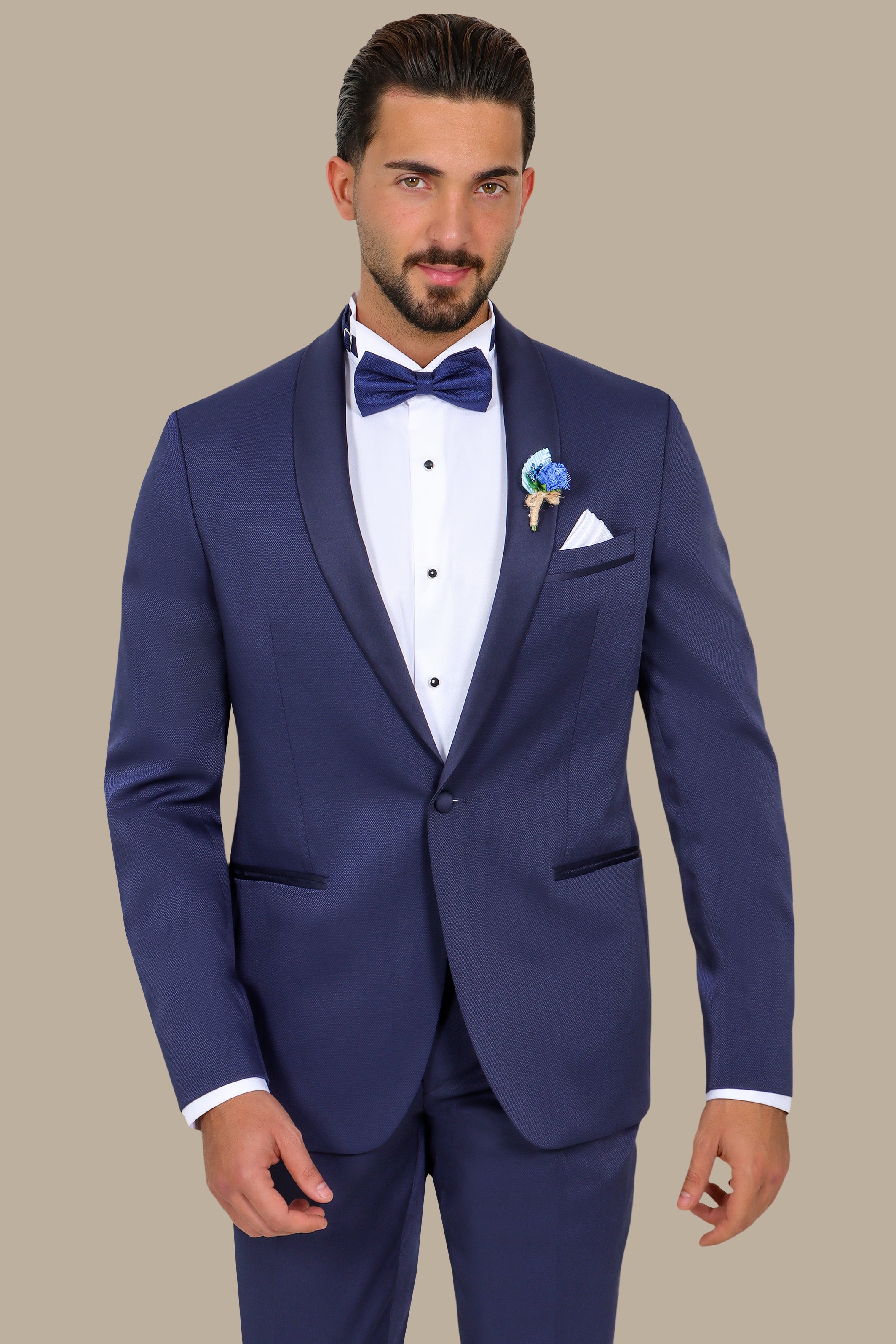 Refined Charm: The Navy Piqué Tuxedo with Shawl Collar
