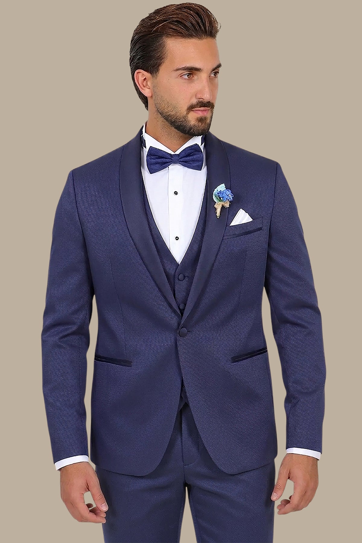Refined Charm: The Navy Piqué Tuxedo with Shawl Collar