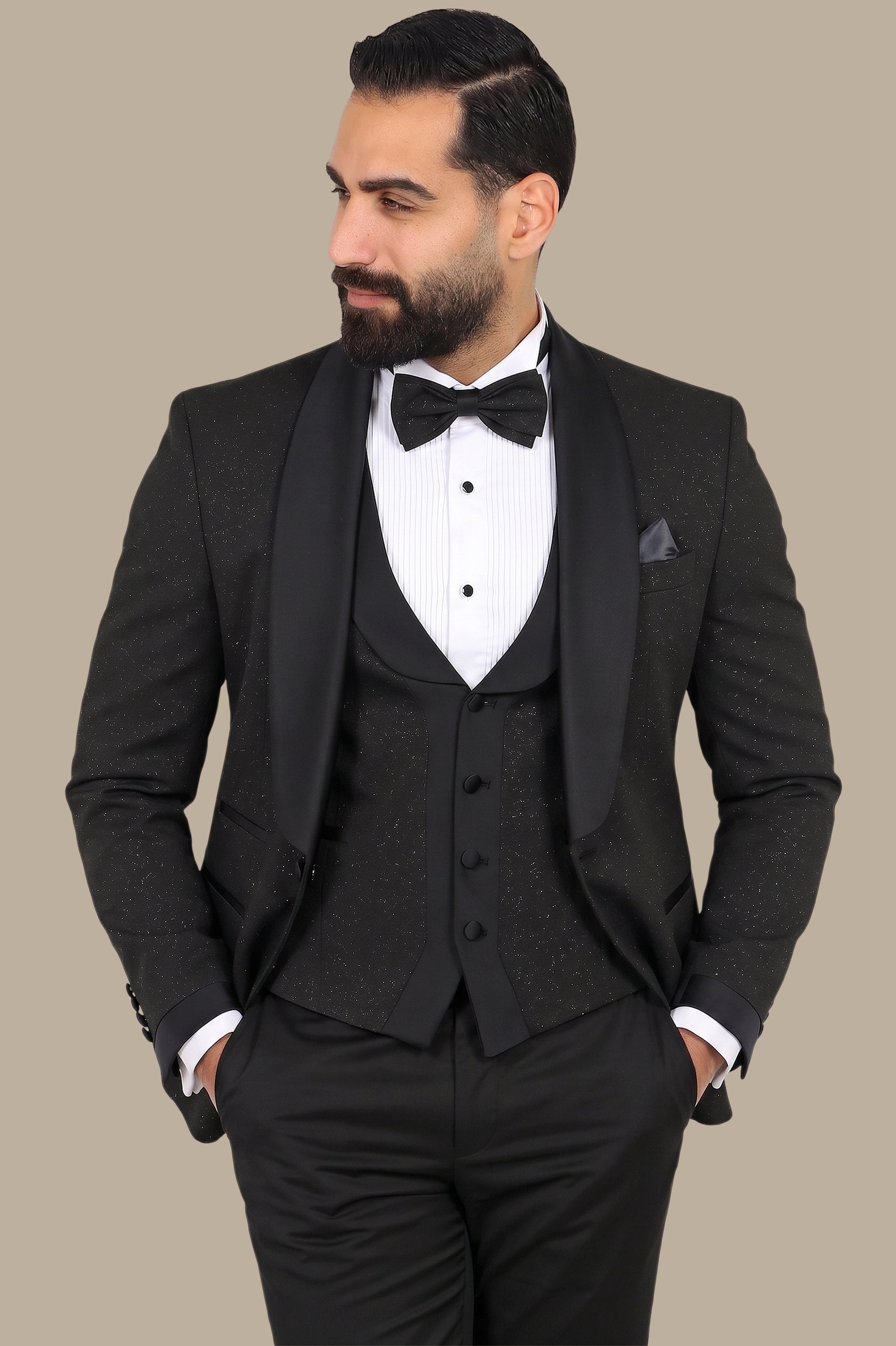 Elegant Ensemble: Black Jacquard Shawl Collar 4-Piece Tuxedo Set