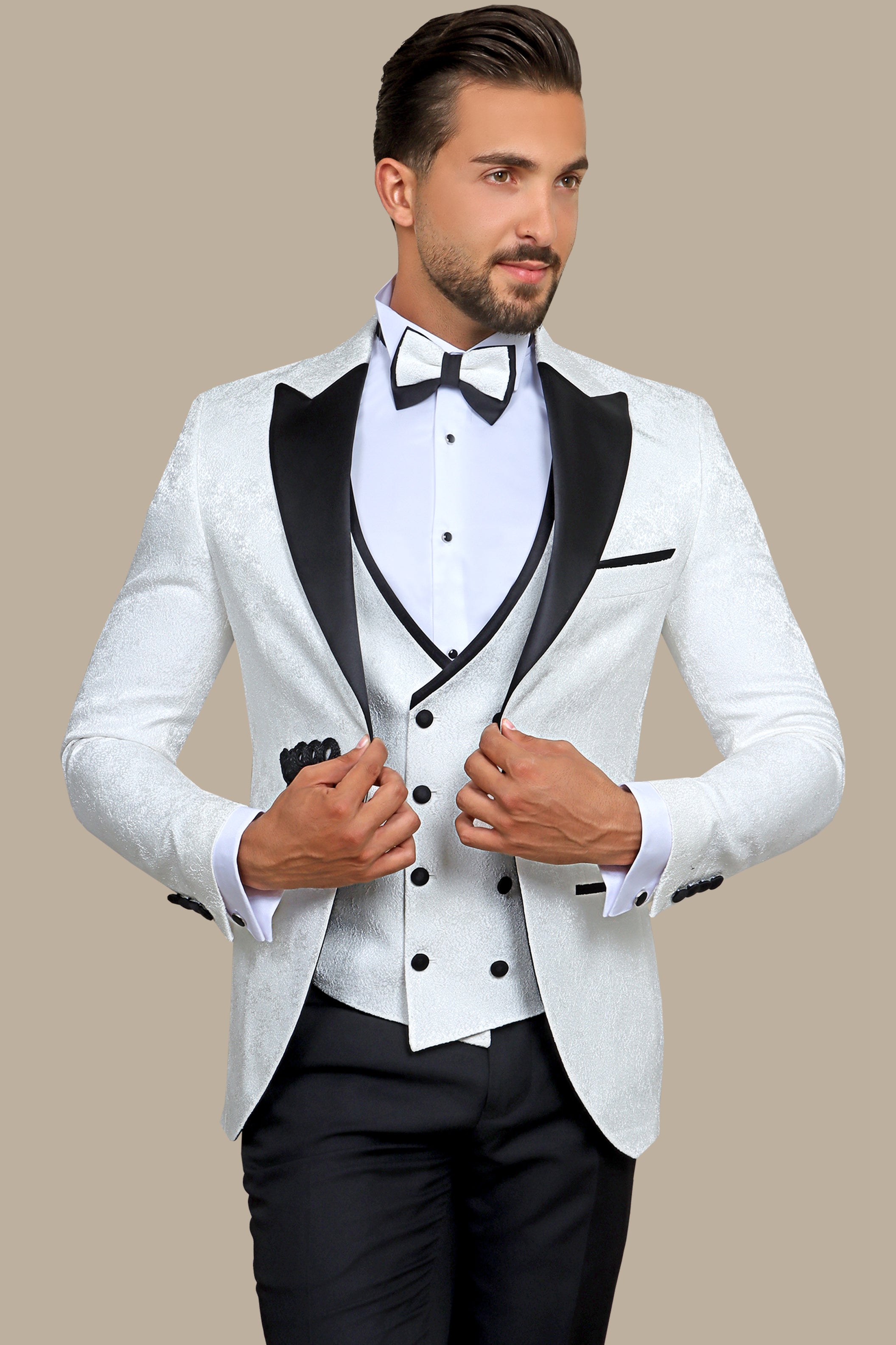 White Jacquard Peak Lapel Tuxedo Set with Crochet Detail