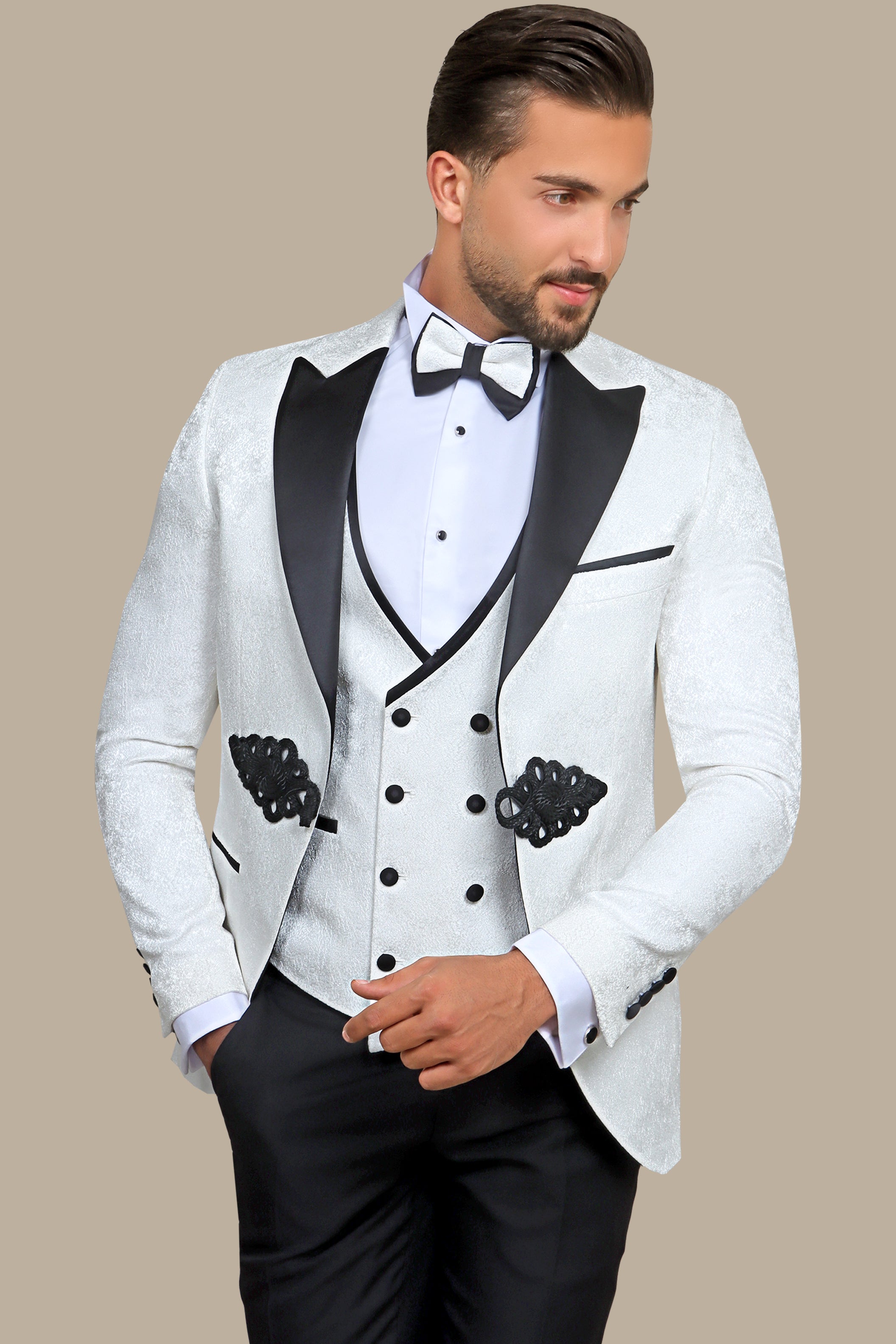 White Jacquard Peak Lapel Tuxedo Set with Crochet Detail