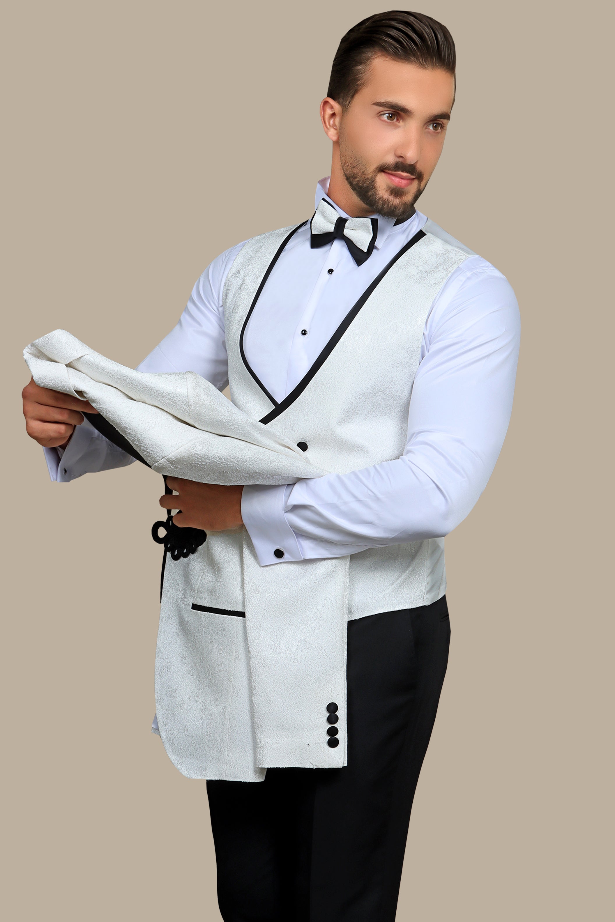 White Jacquard Peak Lapel Tuxedo Set with Crochet Detail