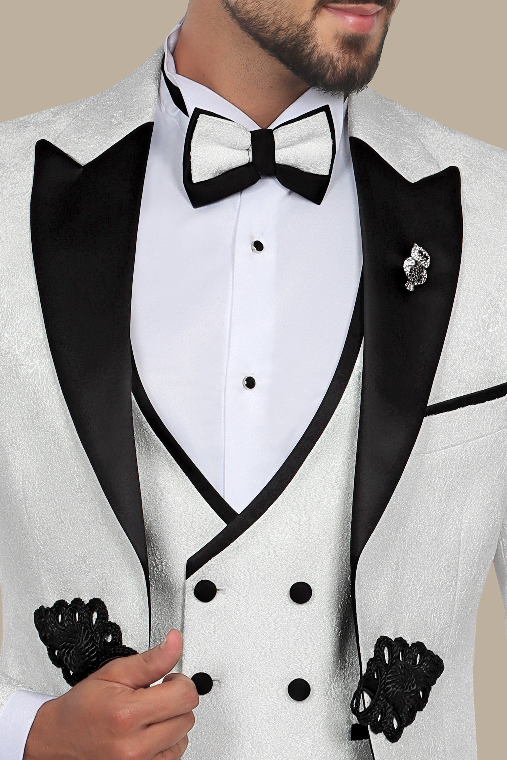 White Jacquard Peak Lapel Tuxedo Set with Crochet Detail