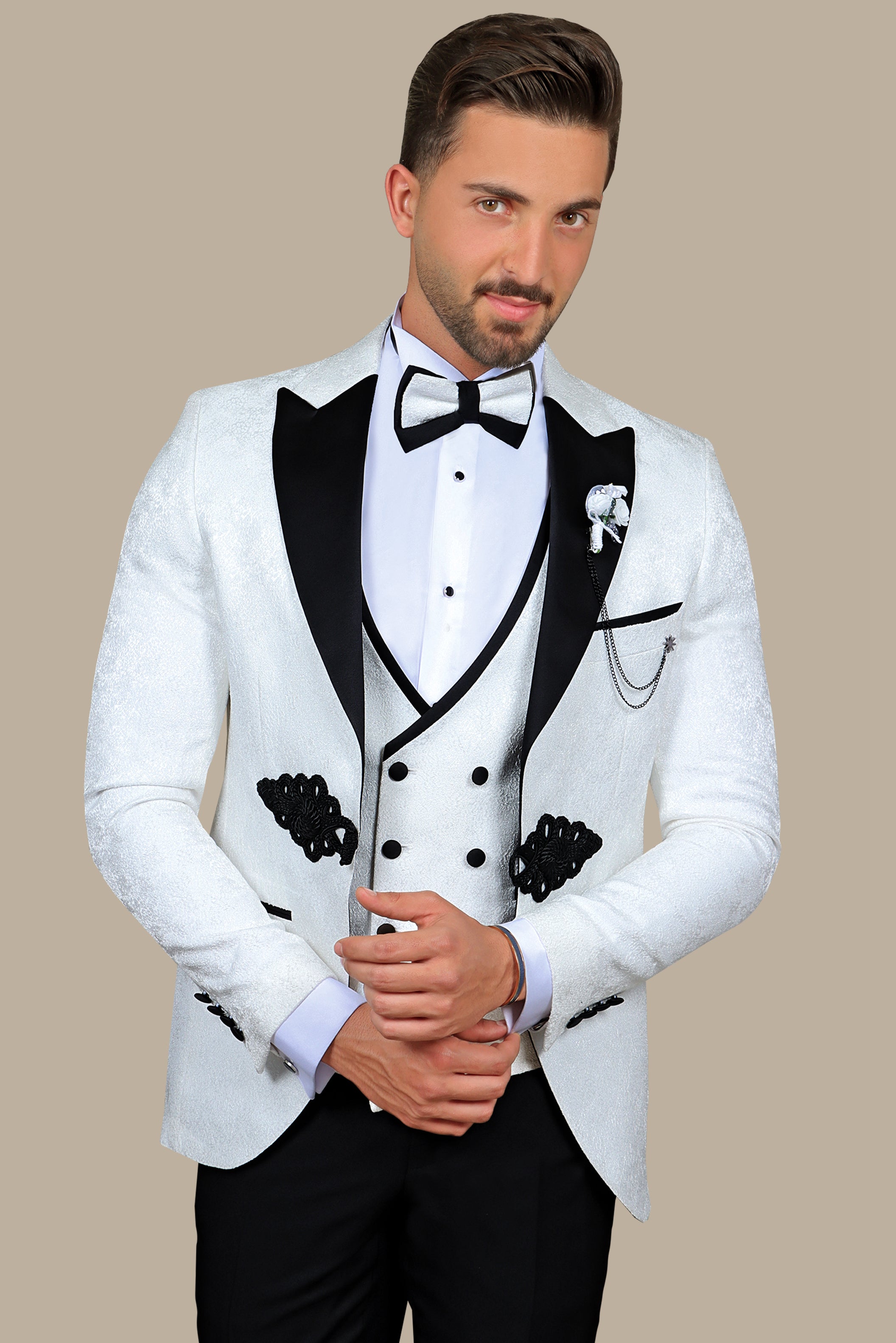 White Jacquard Peak Lapel Tuxedo Set with Crochet Detail