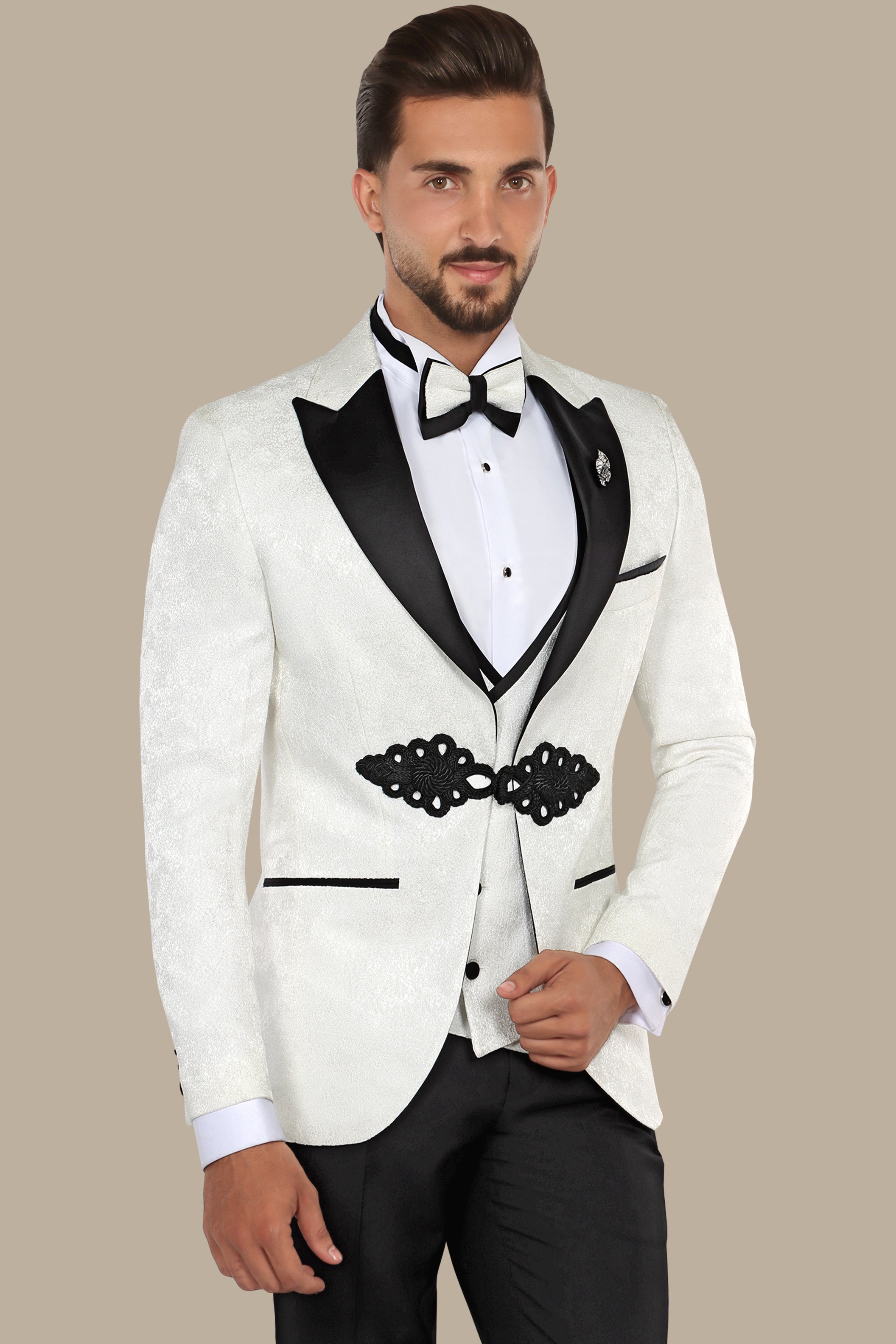 White Jacquard Peak Lapel Tuxedo Set with Crochet Detail