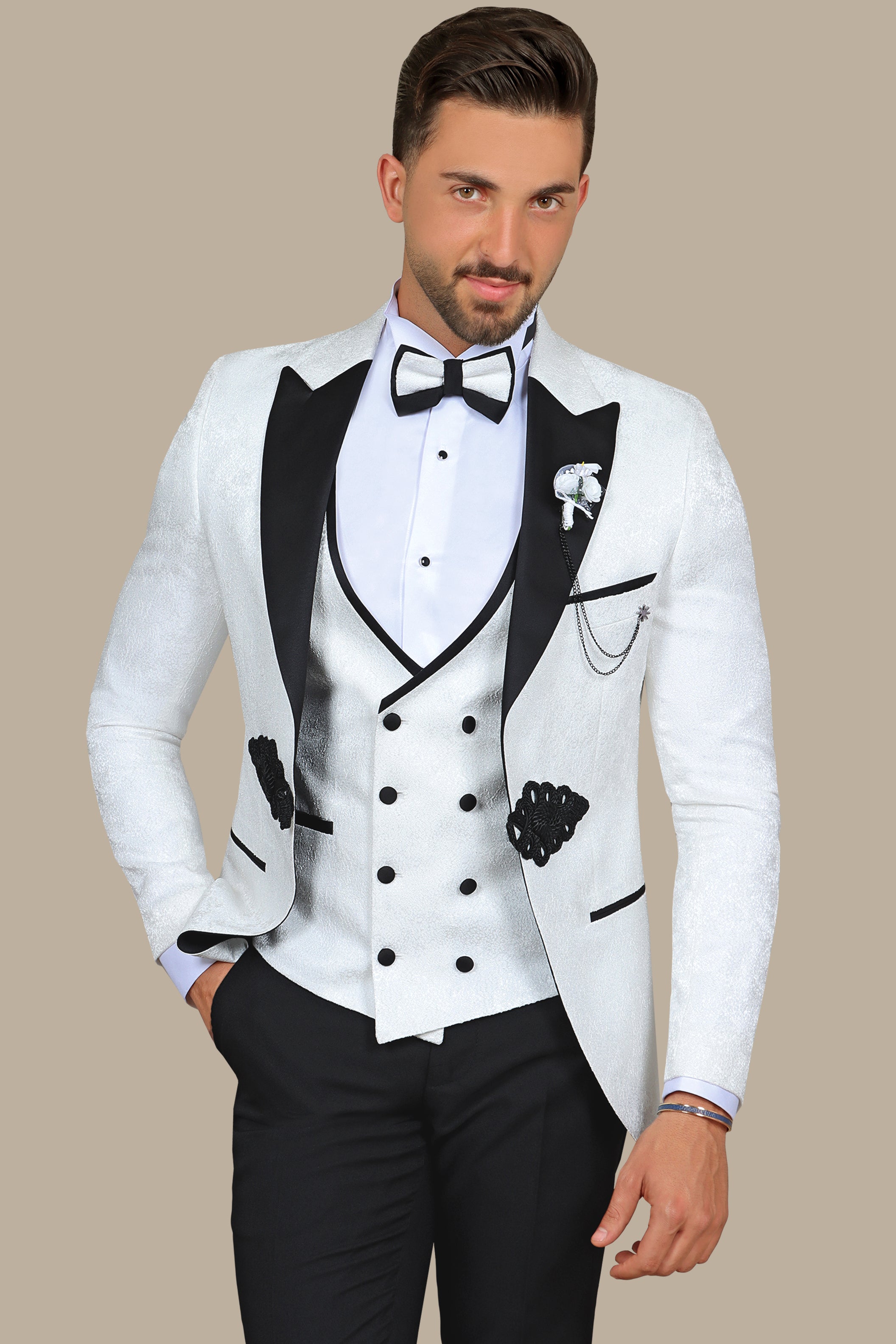 White Jacquard Peak Lapel Tuxedo Set with Crochet Detail