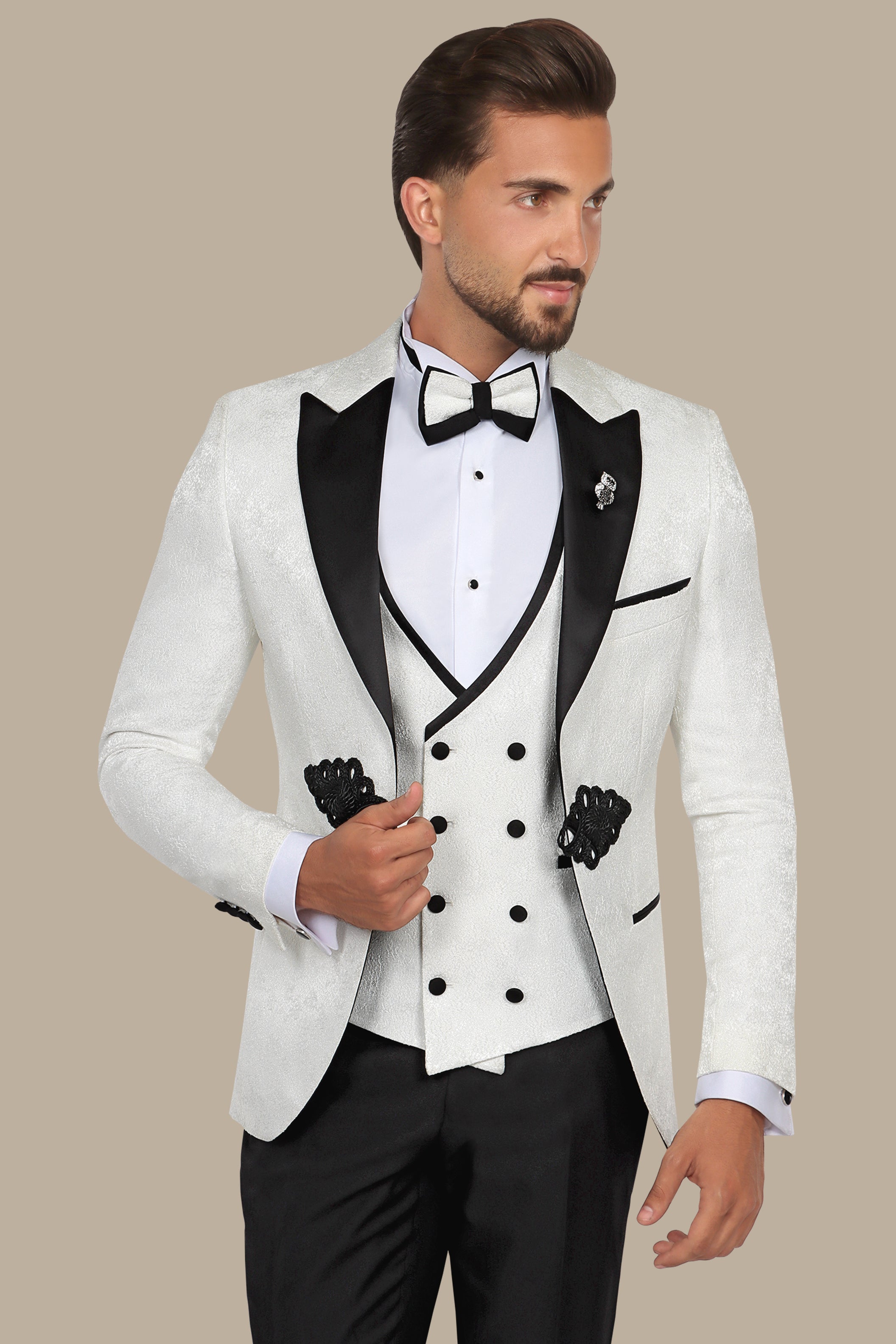 White Jacquard Peak Lapel Tuxedo Set with Crochet Detail