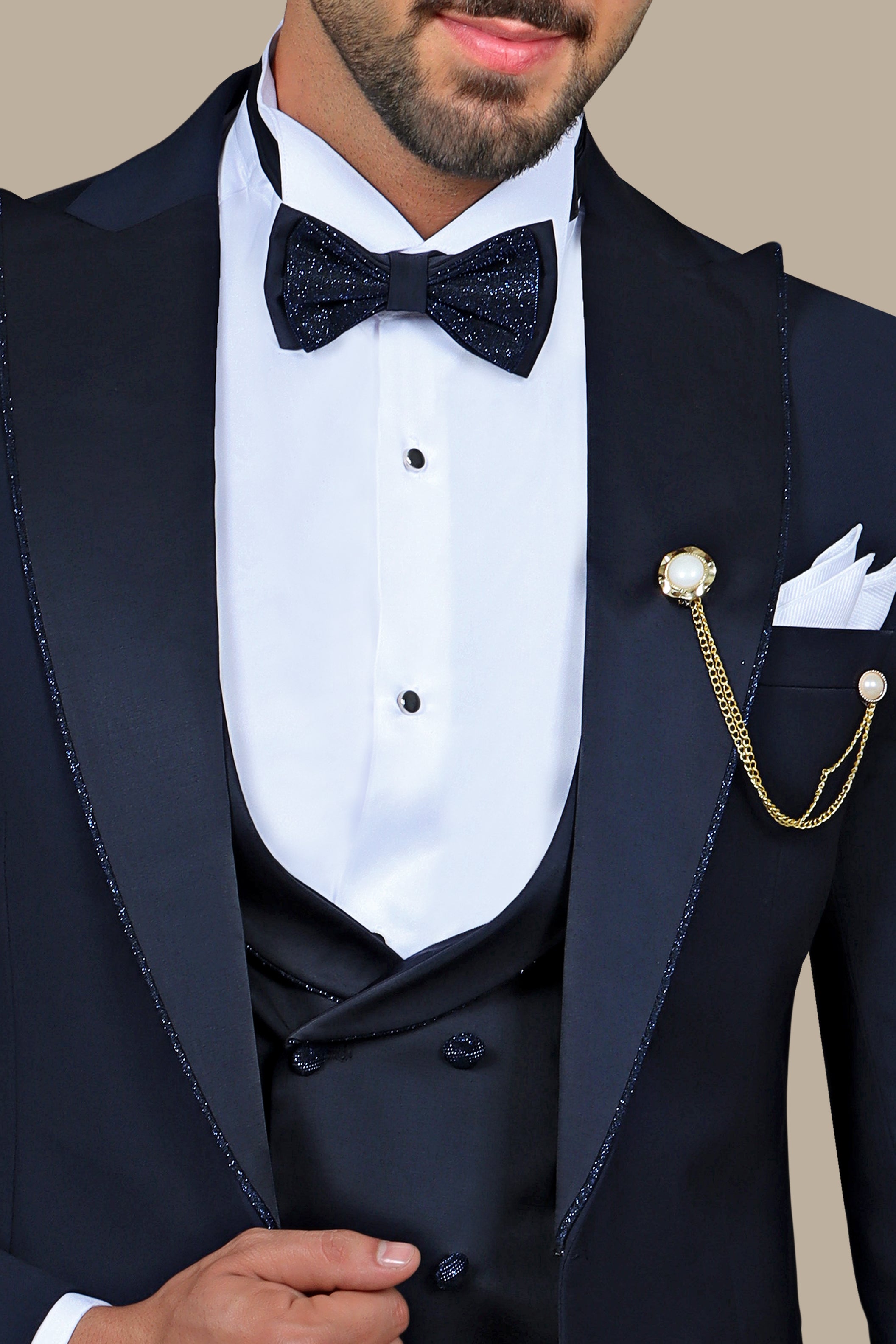 Navy Elegance with Glitter Piping: 4-Piece Tuxedo Set