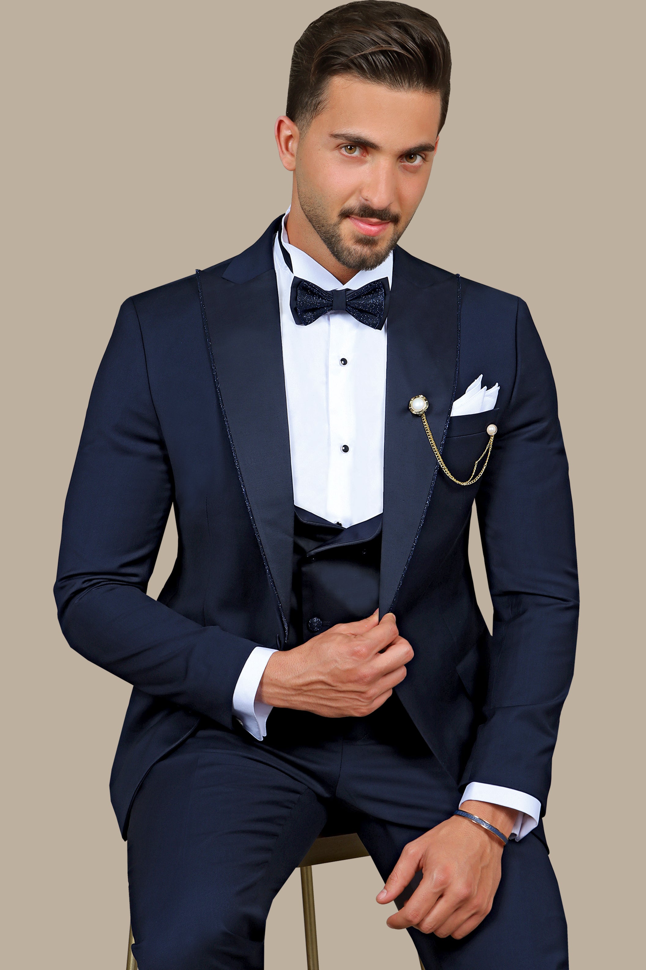 Navy Elegance with Glitter Piping: 4-Piece Tuxedo Set