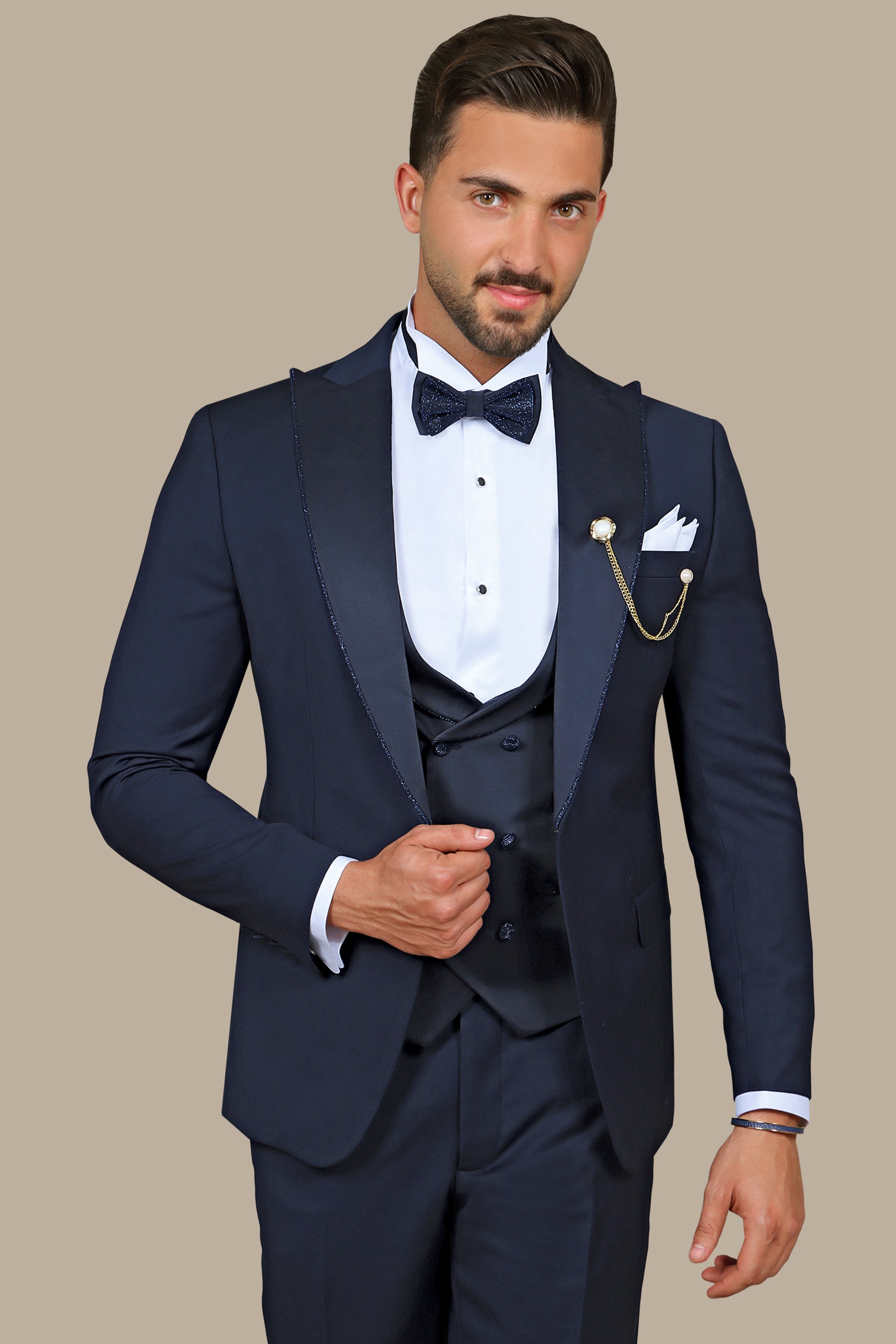 Navy Elegance with Glitter Piping: 4-Piece Tuxedo Set