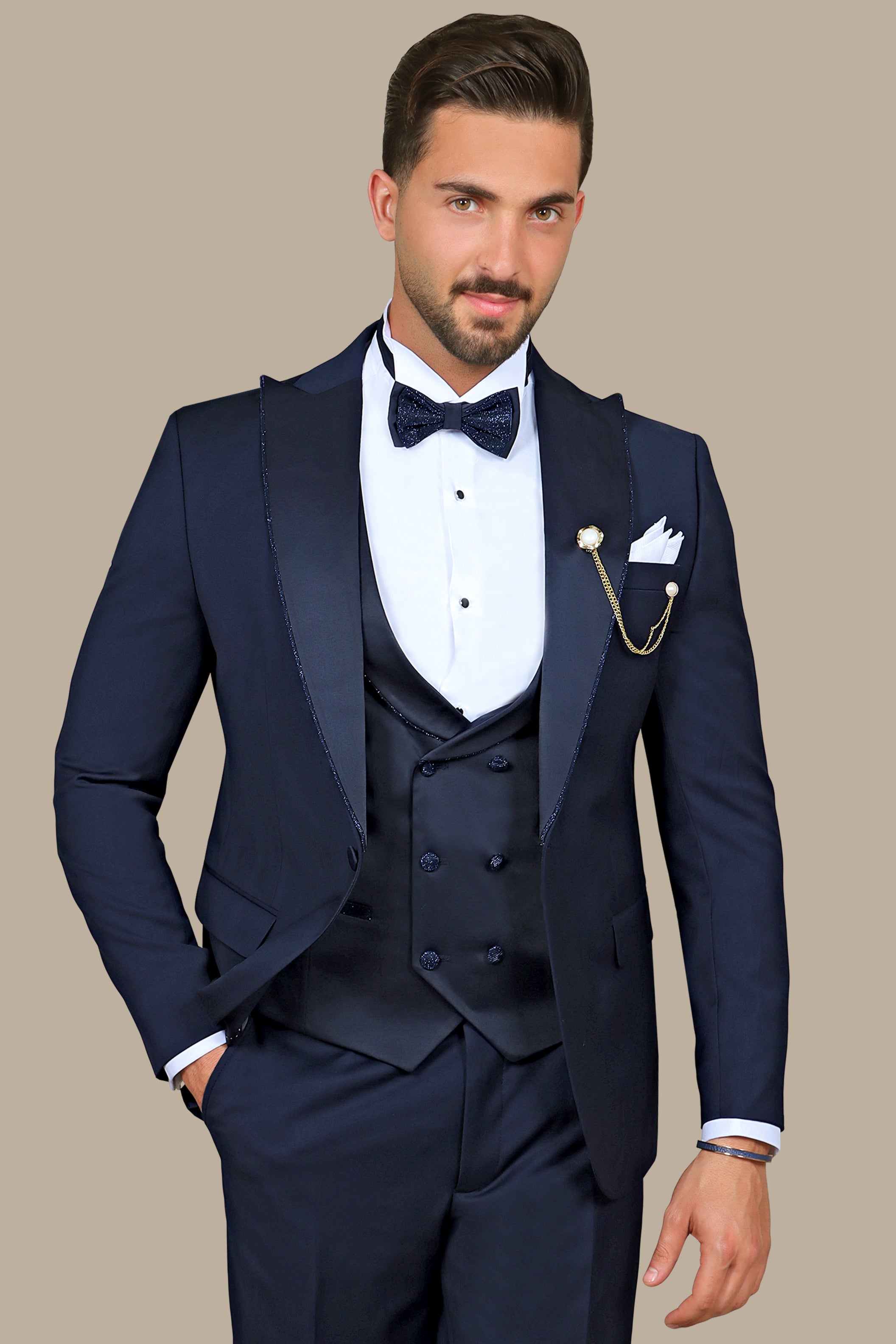 Navy Elegance with Glitter Piping: 4-Piece Tuxedo Set