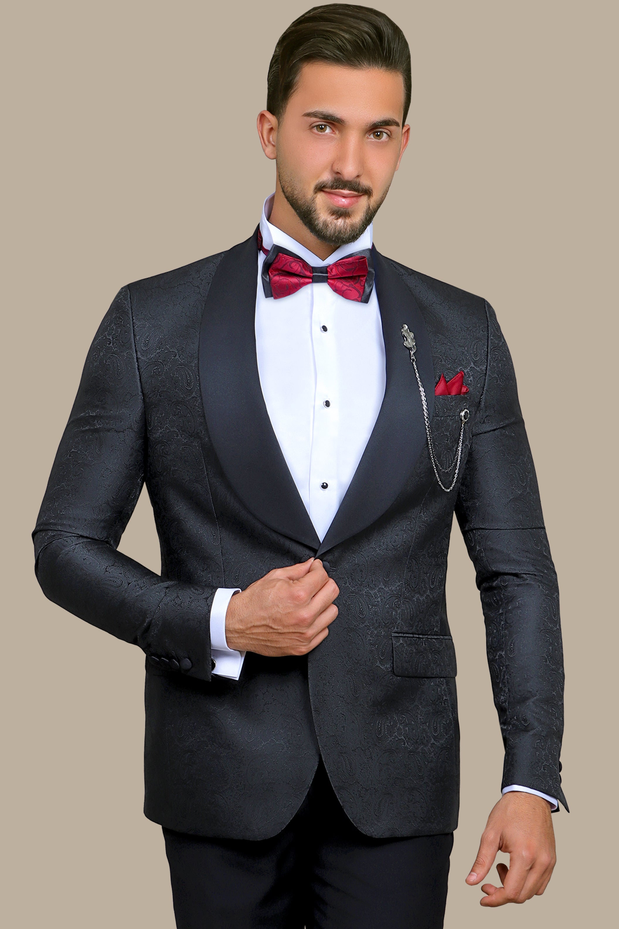Midnight Paisley Elegance: Tuxedo FV with Wide Shawl Collar in Rich Black