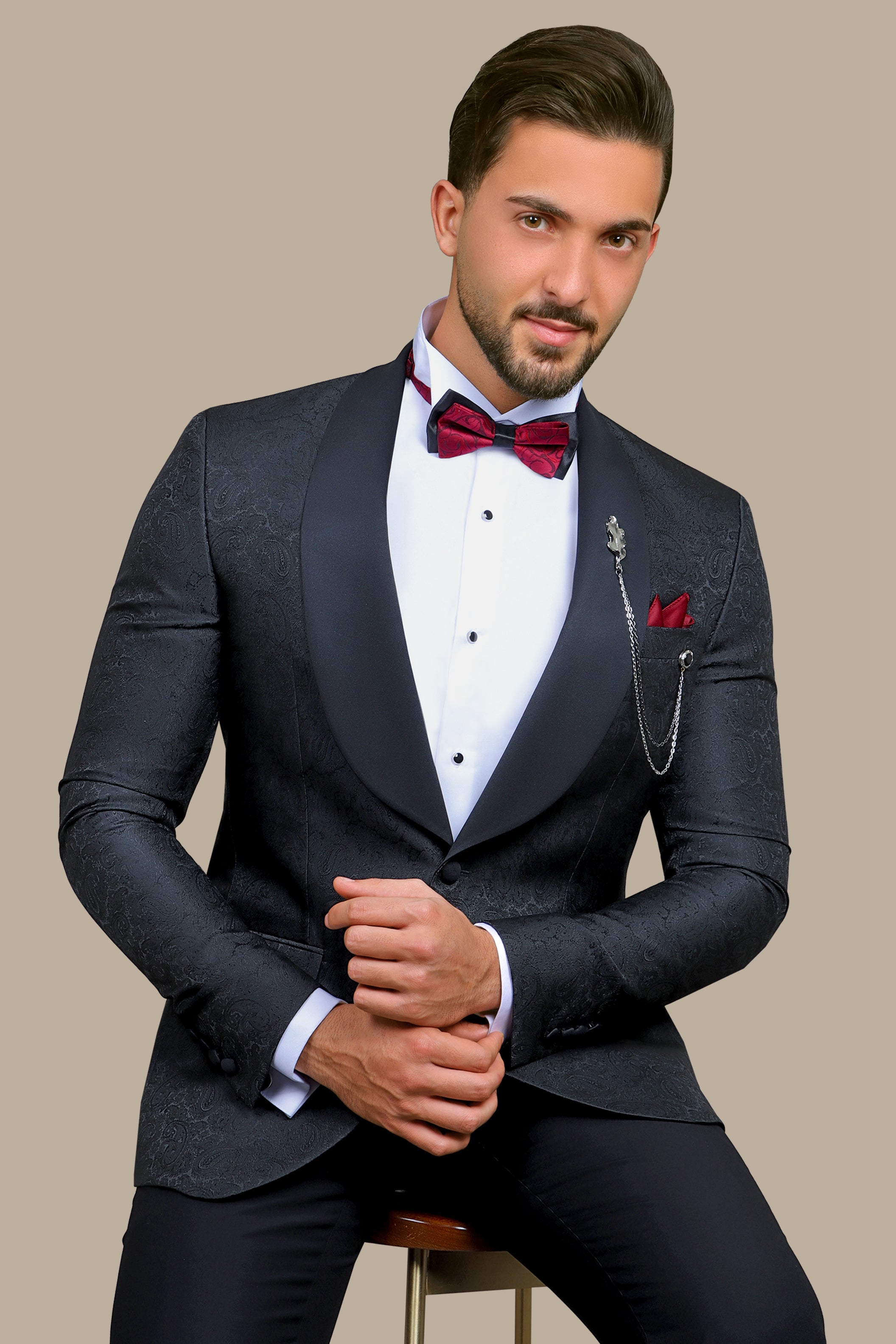 Midnight Paisley Elegance: Tuxedo FV with Wide Shawl Collar in Rich Black