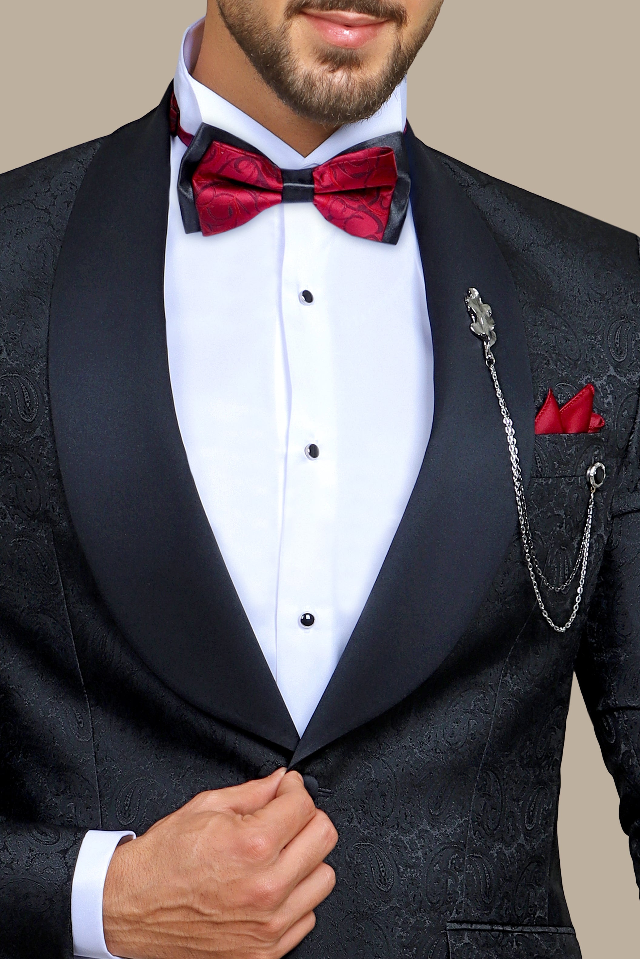 Midnight Paisley Elegance: Tuxedo FV with Wide Shawl Collar in Rich Black