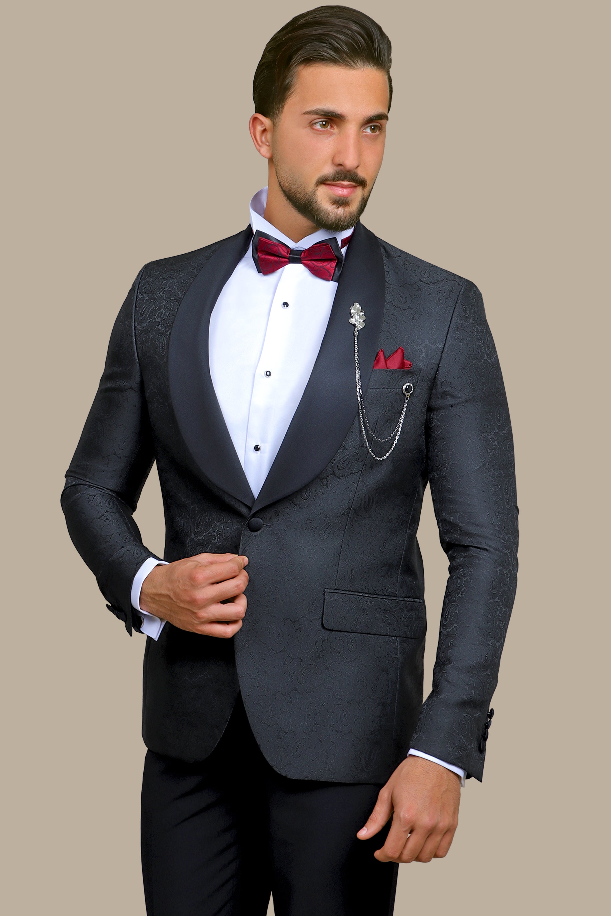 Midnight Paisley Elegance: Tuxedo FV with Wide Shawl Collar in Rich Black