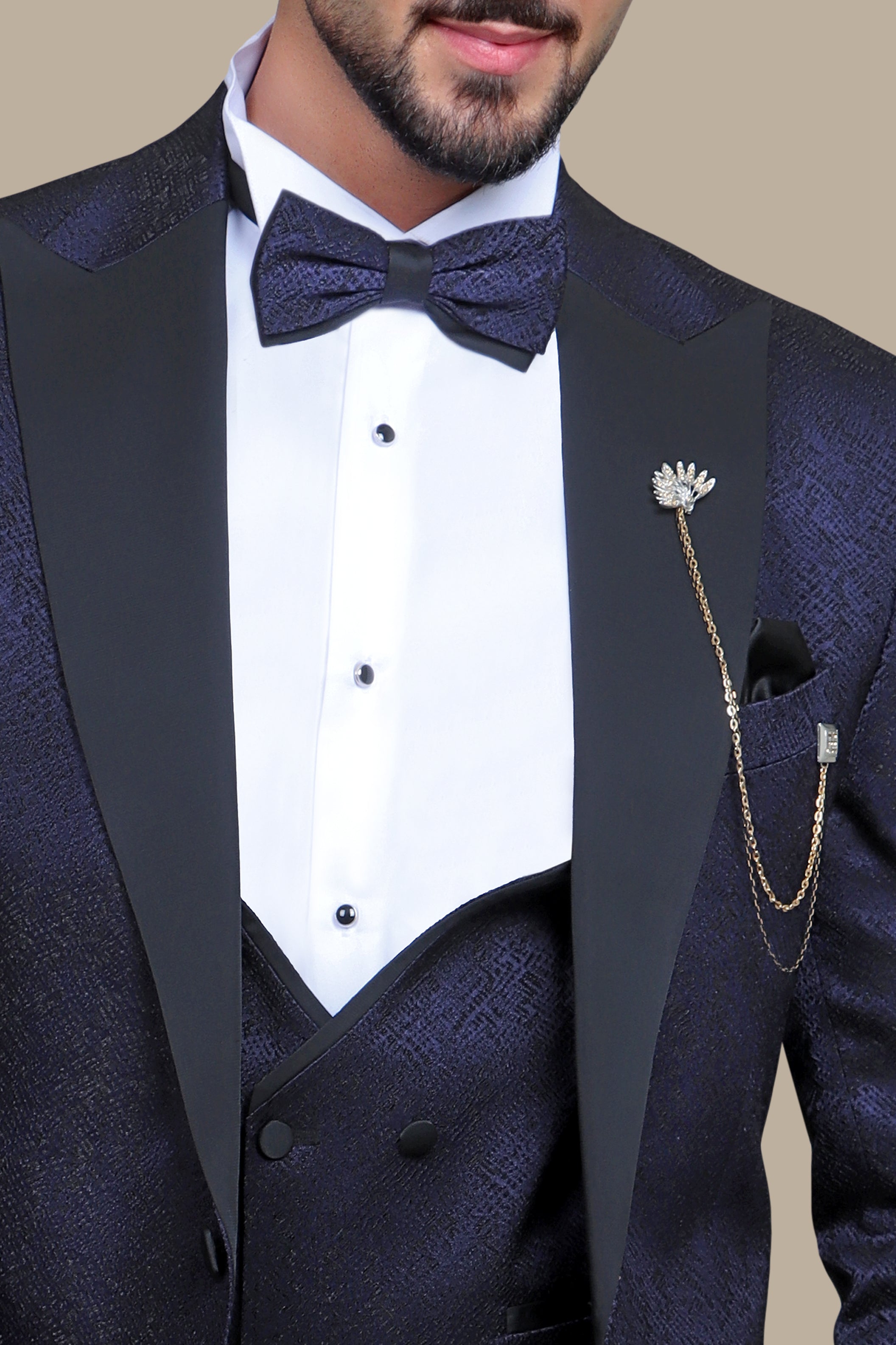 Navy Elegance: Tuxedo Peak Pattern in 4-Piece Shiny Set