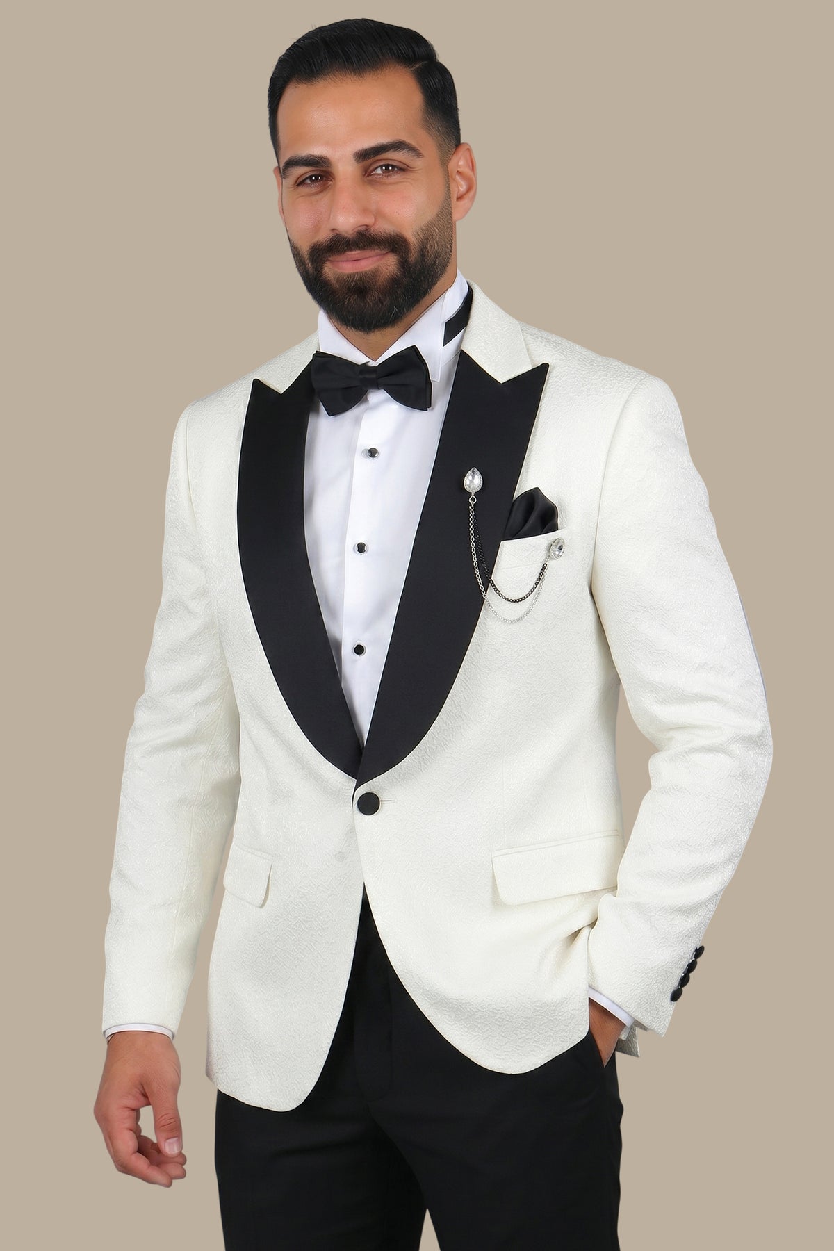 Ultimate Elegance: White Jacquard Peak Curved Tuxedo