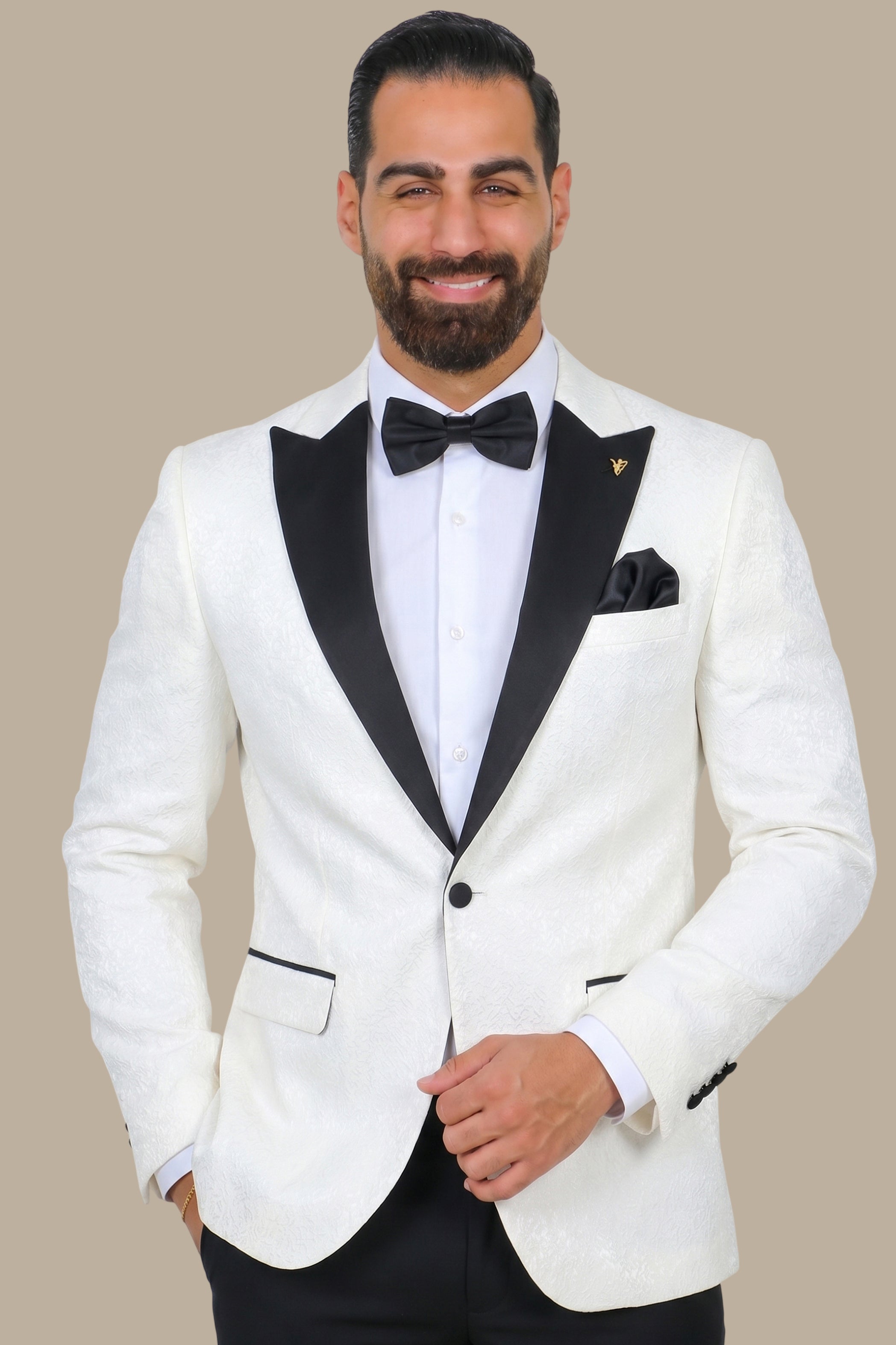 Ultimate Elegance: White Jacquard Peak Curved Tuxedo